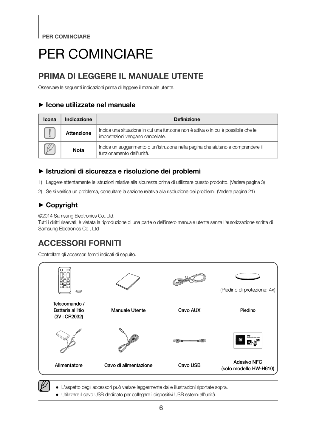 Samsung HW-H600/ZF PER Cominciare, Prima DI Leggere IL Manuale Utente, Accessori Forniti, + Icone utilizzate nel manuale 