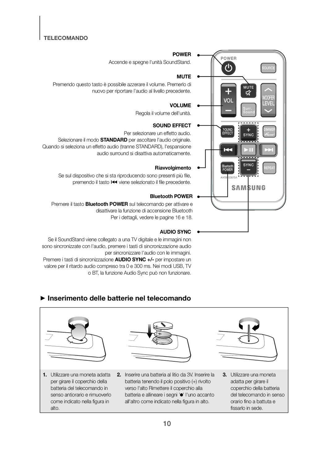 Samsung HW-H600/ZF, HW-H610/ZF manual + Inserimento delle batterie nel telecomando, Riavvolgimento 