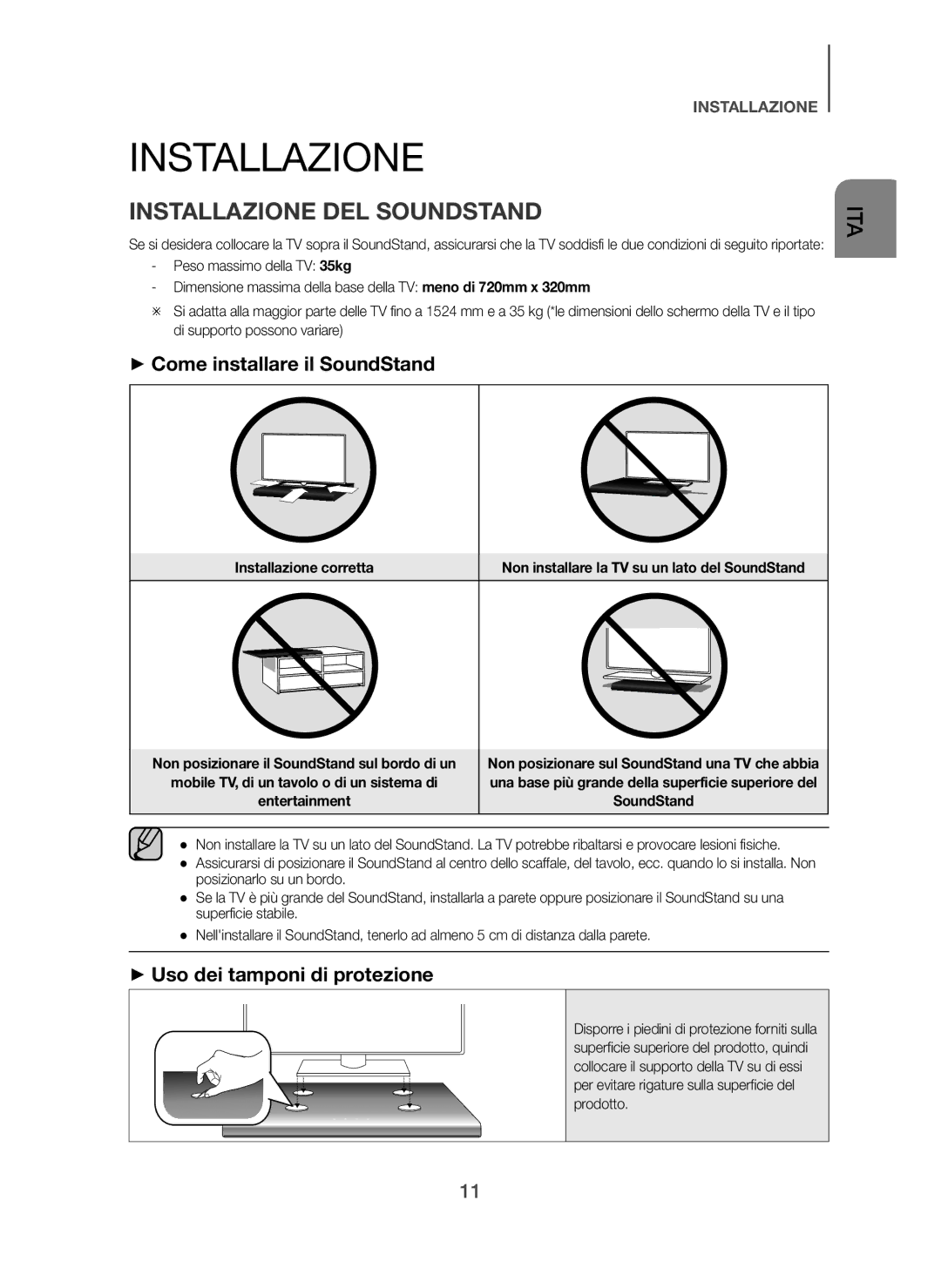 Samsung HW-H610/ZF Installazione DEL Soundstand, + Come installare il SoundStand, + Uso dei tamponi di protezione 