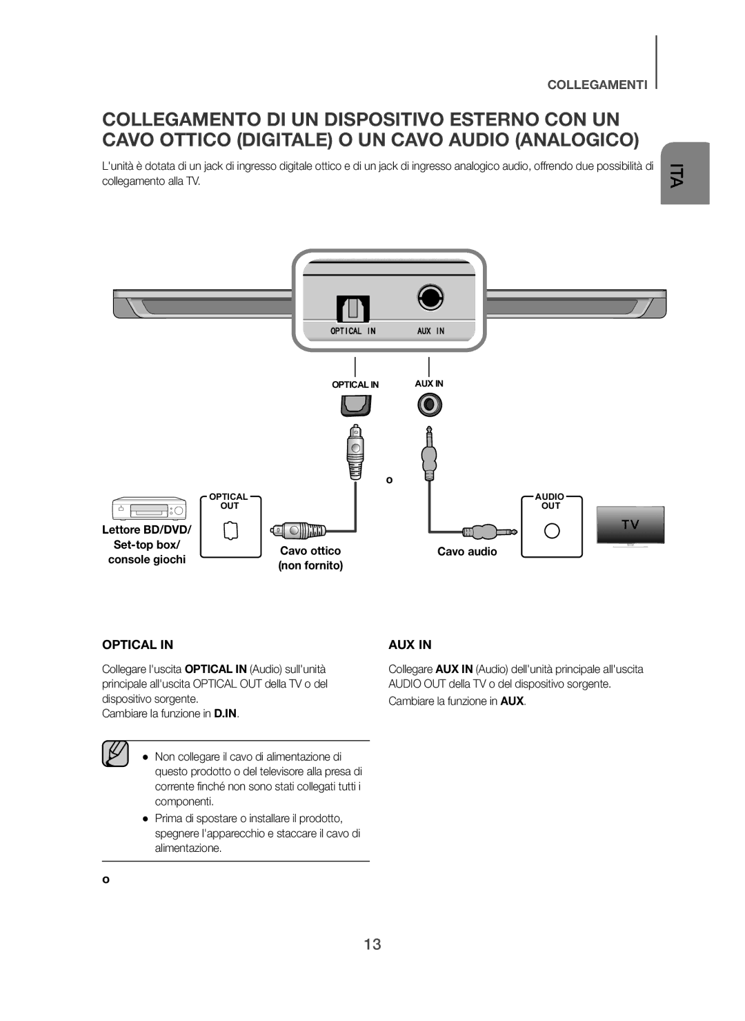 Samsung HW-H610/ZF, HW-H600/ZF manual Cavo audio, Cambiare la funzione in AUX 