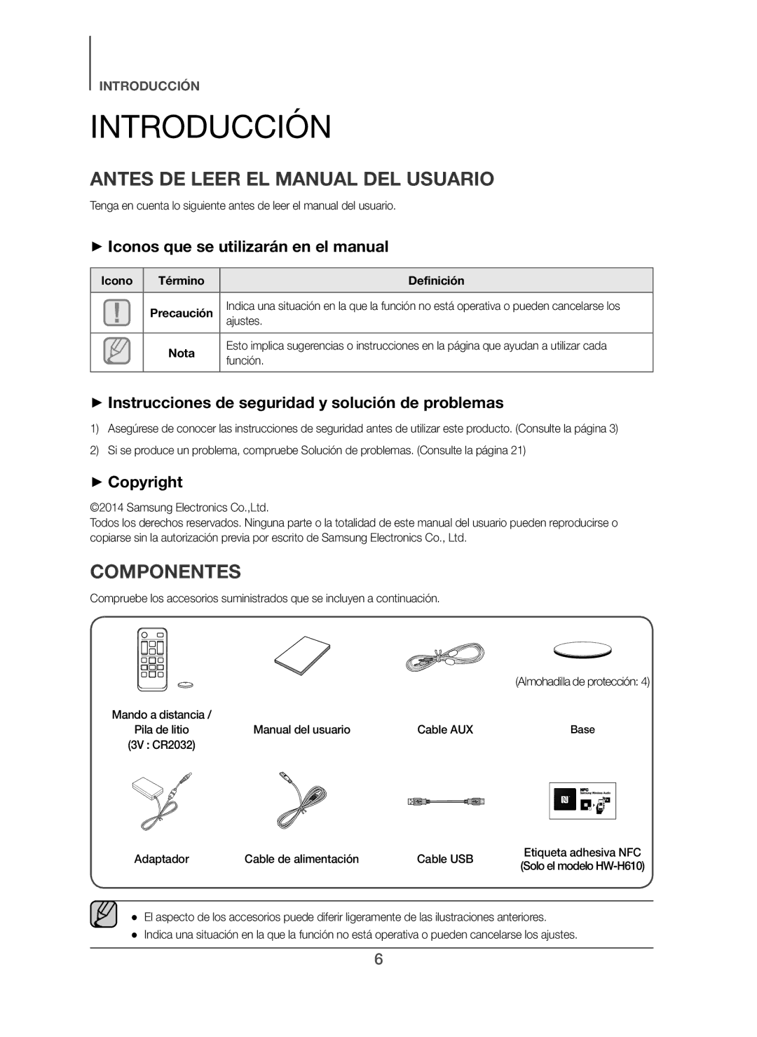 Samsung HW-H610/ZF Introducción, Antes DE Leer EL Manual DEL Usuario, Componentes, + Iconos que se utilizarán en el manual 