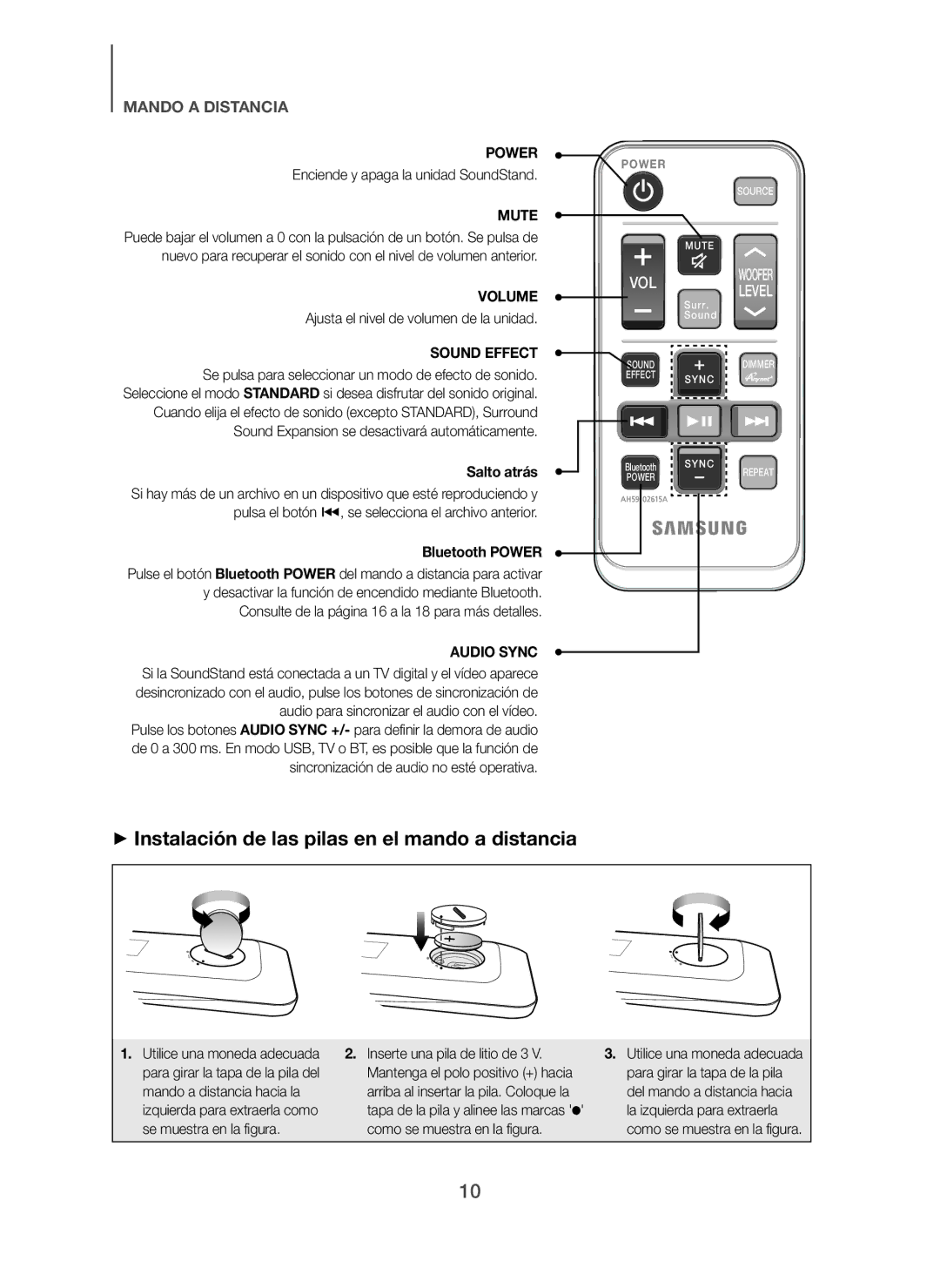 Samsung HW-H610/ZF + Instalación de las pilas en el mando a distancia, Enciende y apaga la unidad SoundStand, Salto atrás 