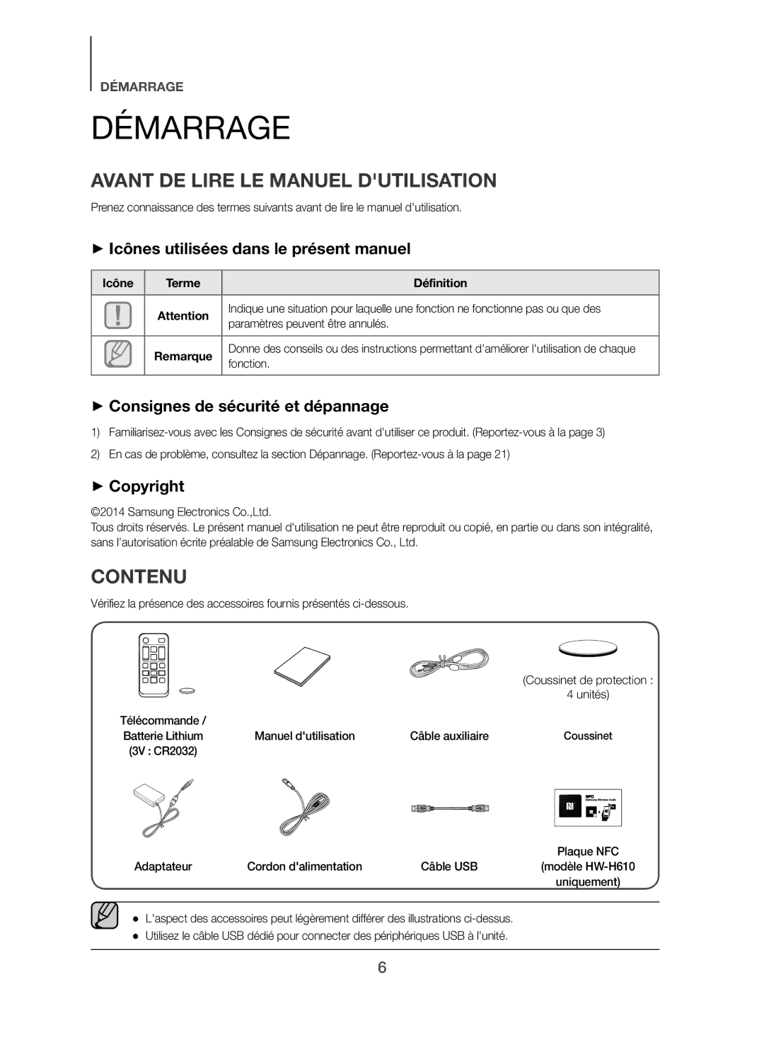 Samsung HW-H610/ZF, HW-H600/ZF manual Démarrage, Avant DE Lire LE Manuel Dutilisation, Contenu 