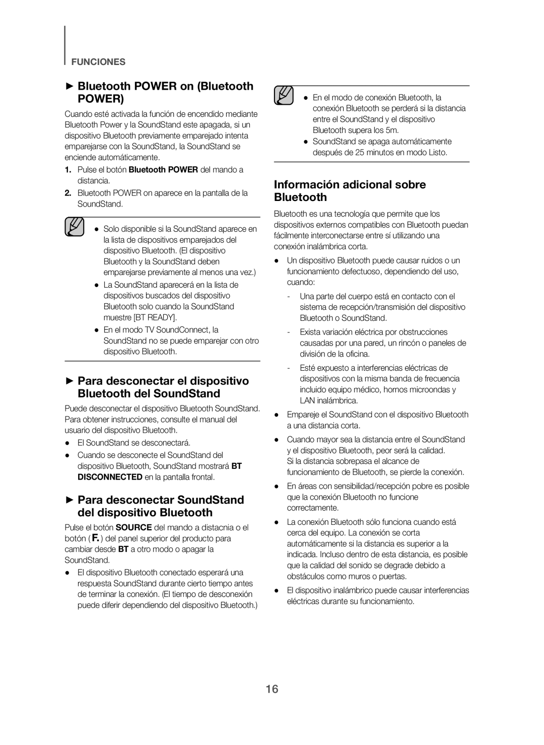 Samsung HW-H610/ZF manual + Para desconectar el dispositivo Bluetooth del SoundStand, Información adicional sobre Bluetooth 