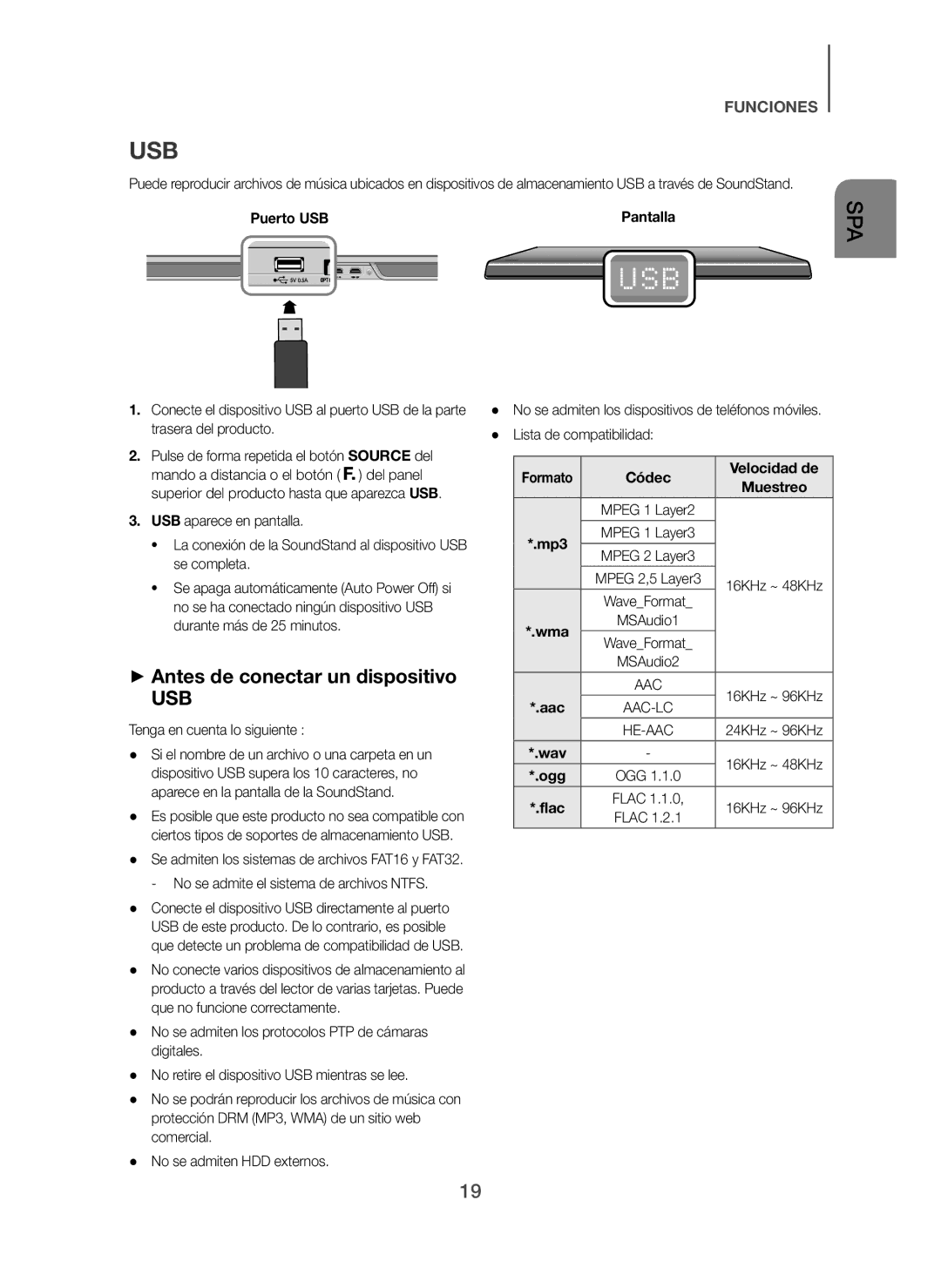 Samsung HW-H600/ZF, HW-H610/ZF + Antes de conectar un dispositivo, Puerto USB Pantalla, Tenga en cuenta lo siguiente, Mp3 