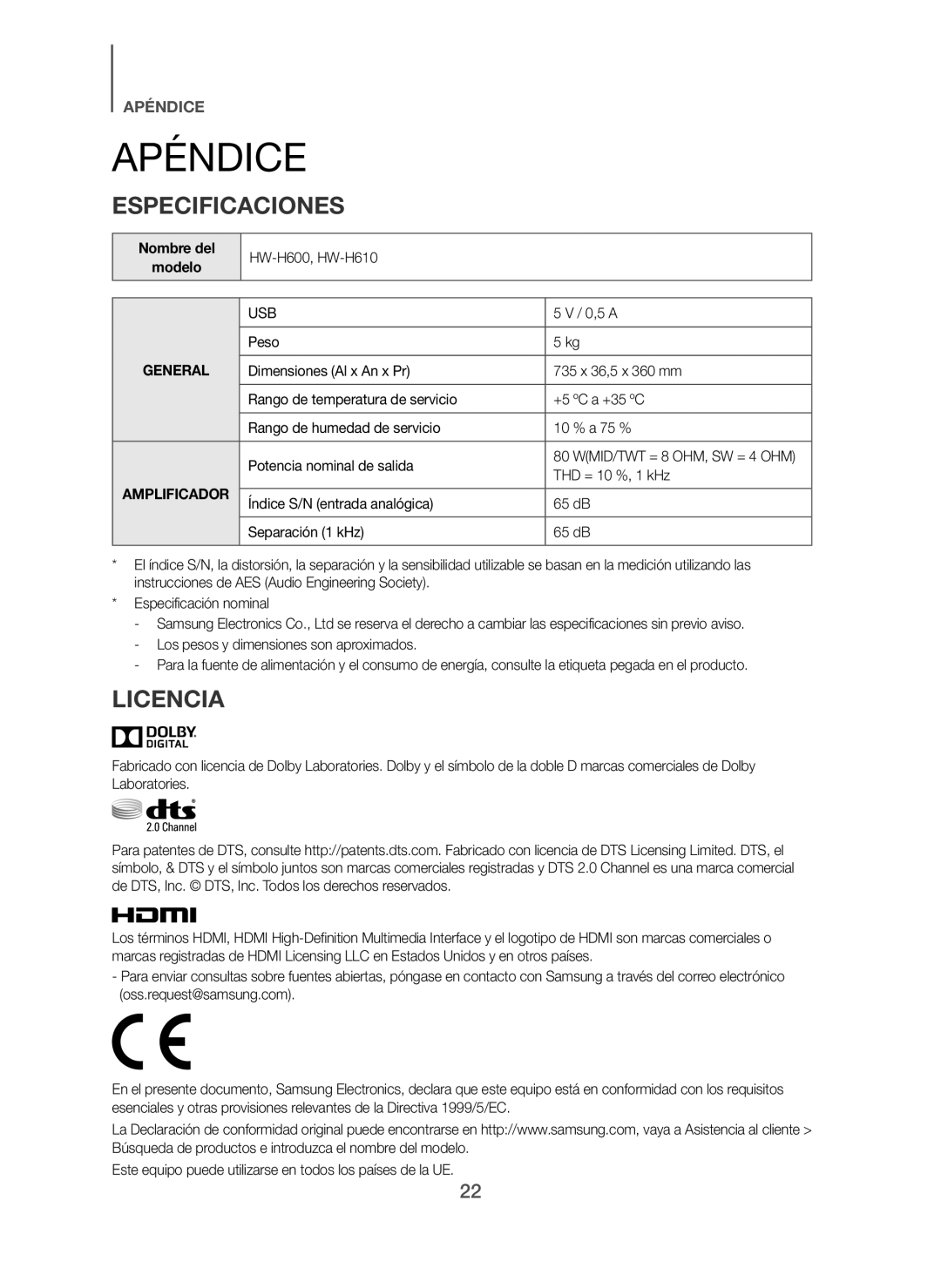 Samsung HW-H610/ZF, HW-H600/ZF manual Apéndice, Especificaciones, Licencia, Nombre del Modelo 