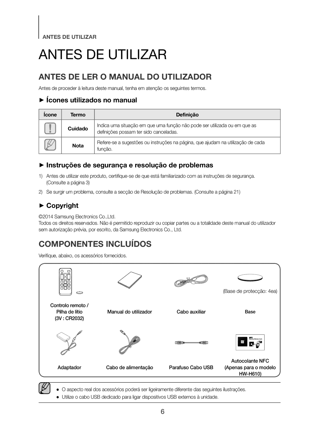 Samsung HW-H600/ZF, HW-H610/ZF manual Antes DE Utilizar, Antes DE LER O Manual do Utilizador, Componentes Incluídos 