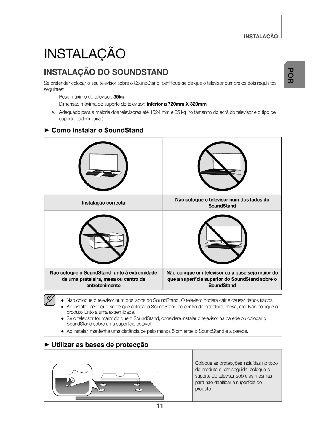 Samsung HW-H610/ZF manual Instalação do Soundstand, + Como instalar o SoundStand, + Utilizar as bases de protecção 