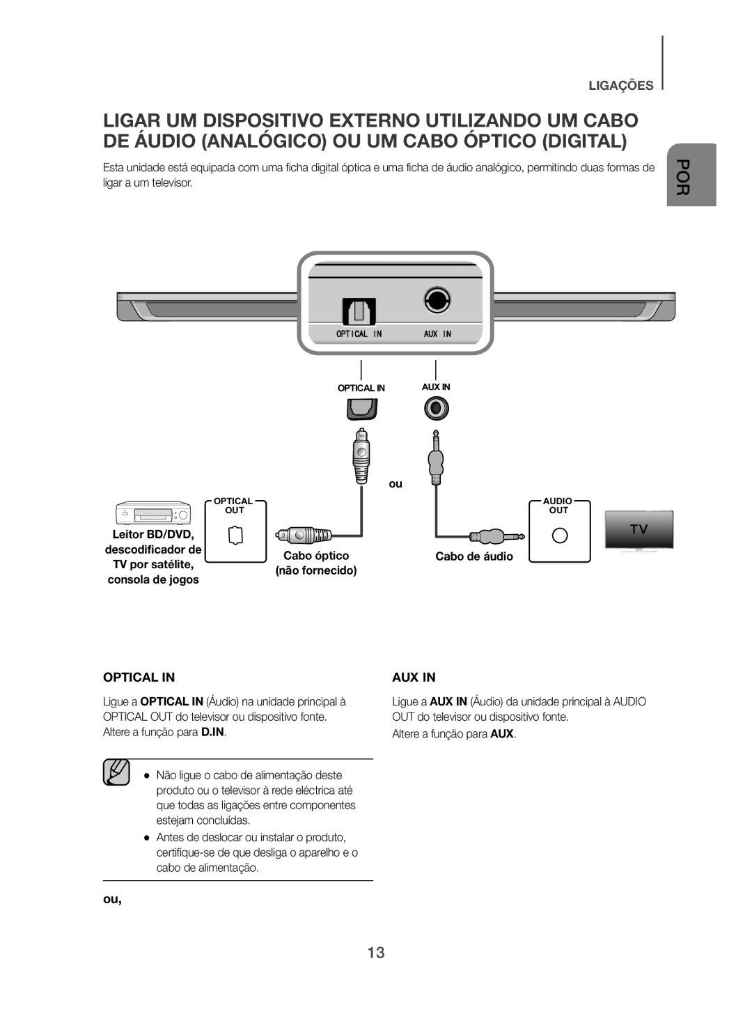 Samsung HW-H610/ZF, HW-H600/ZF manual Cabo de áudio, Altere a função para AUX 