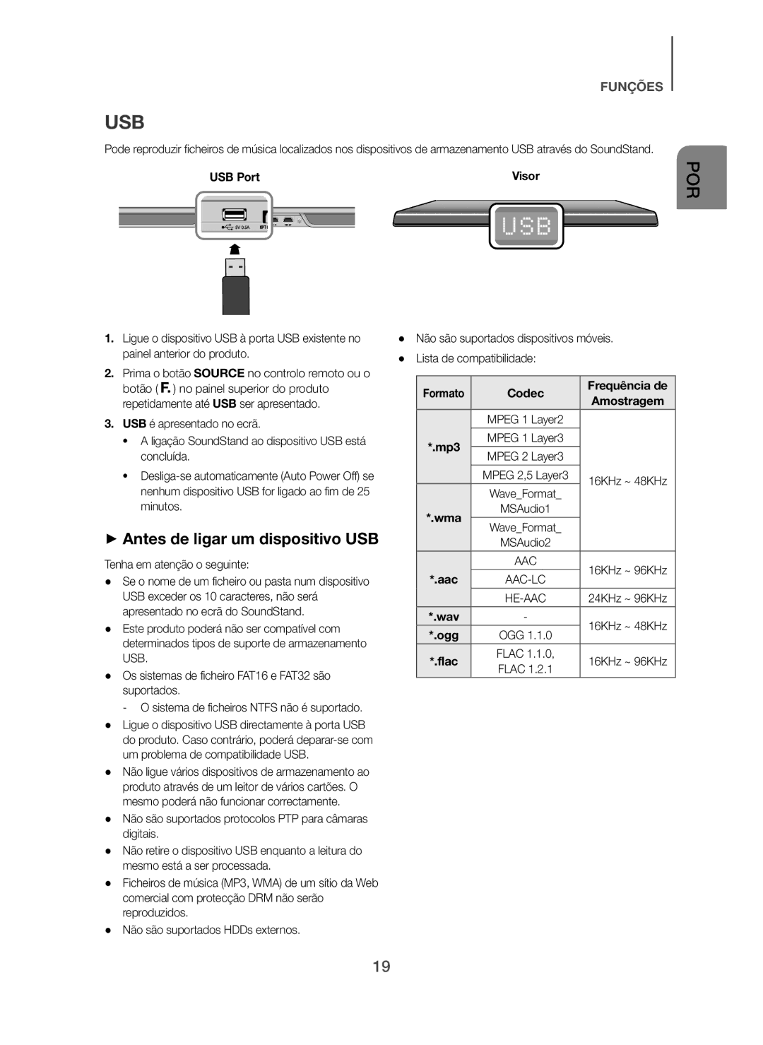 Samsung HW-H610/ZF + Antes de ligar um dispositivo USB, USB Port Visor, Tenha em atenção o seguinte, Codec Frequência de 