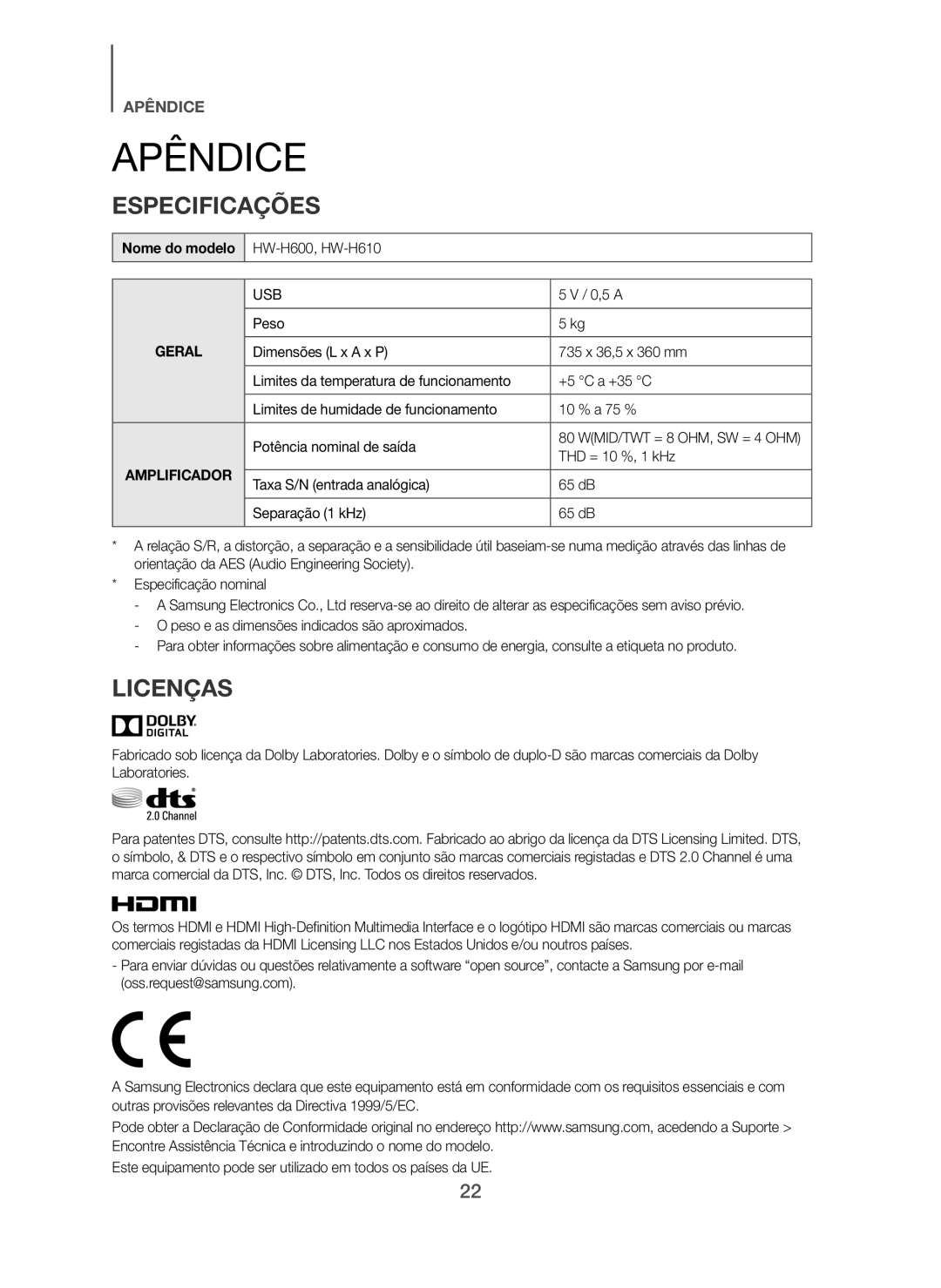 Samsung HW-H600/ZF, HW-H610/ZF manual Apêndice, Especificações, Licenças, Nome do modelo 