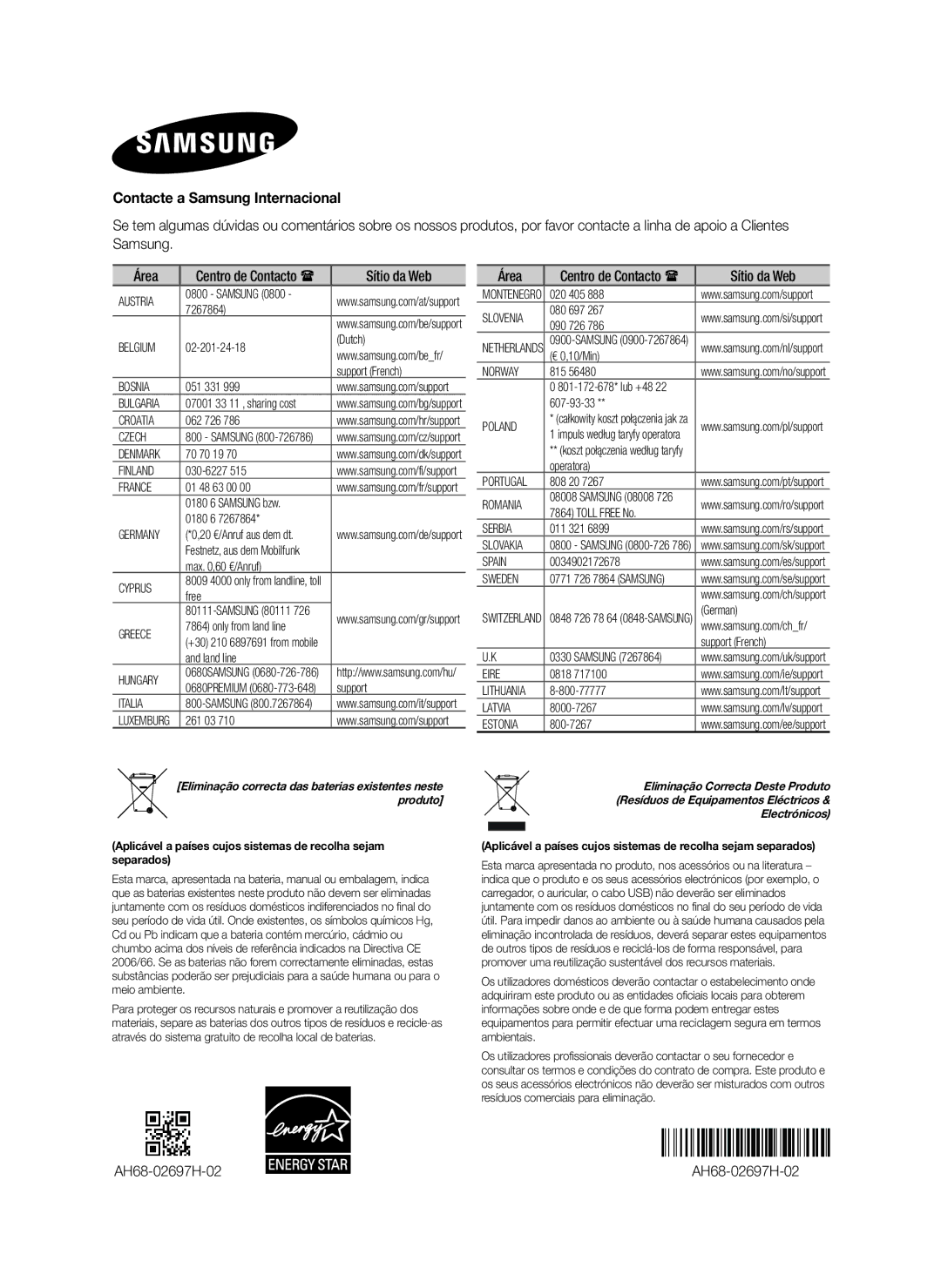 Samsung HW-H610/ZF, HW-H600/ZF manual Contacte a Samsung Internacional, Samsung Área, AH68-02697H-02 