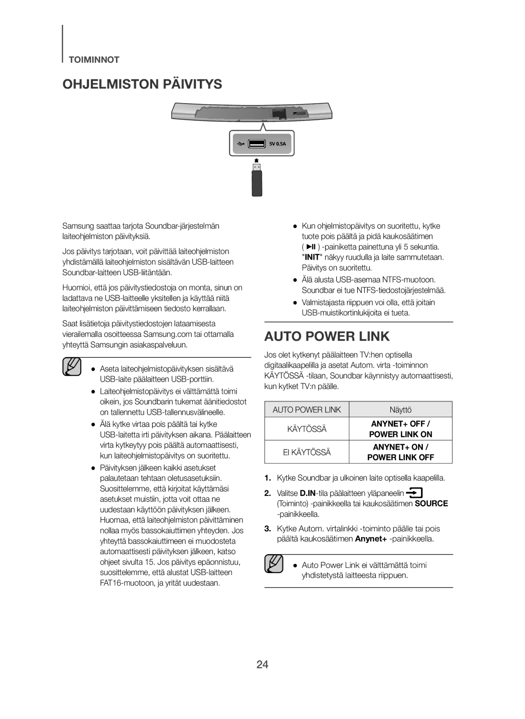 Samsung HW-H7501/XN, HW-H7500/EN, HW-H7501/EN, HW-H7500/TK, HW-H7501/ZF, HW-H7500/ZF Ohjelmiston Päivitys, Auto Power Link 