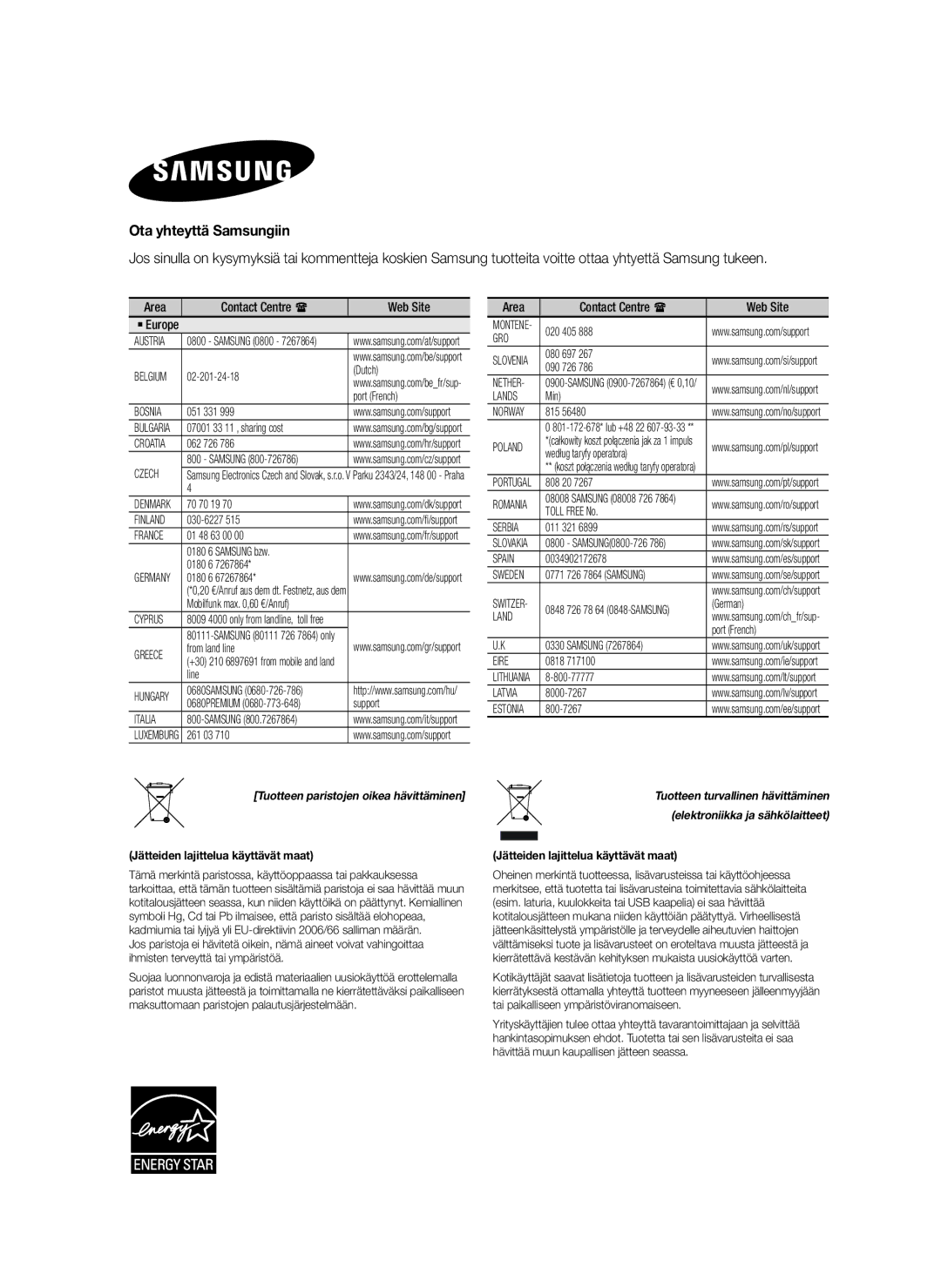 Samsung HW-H7500/EN, HW-H7501/EN, HW-H7500/TK, HW-H7501/ZF manual Ota yhteyttä Samsungiin, Elektroniikka ja sähkölaitteet 