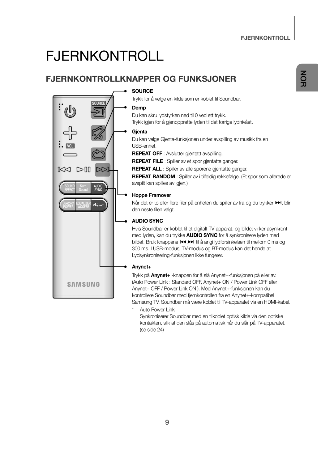 Samsung HW-H7500/EN, HW-H7501/EN, HW-H7500/TK manual Fjernkontrollknapper OG Funksjoner, Demp, Gjenta, Hoppe Framover 