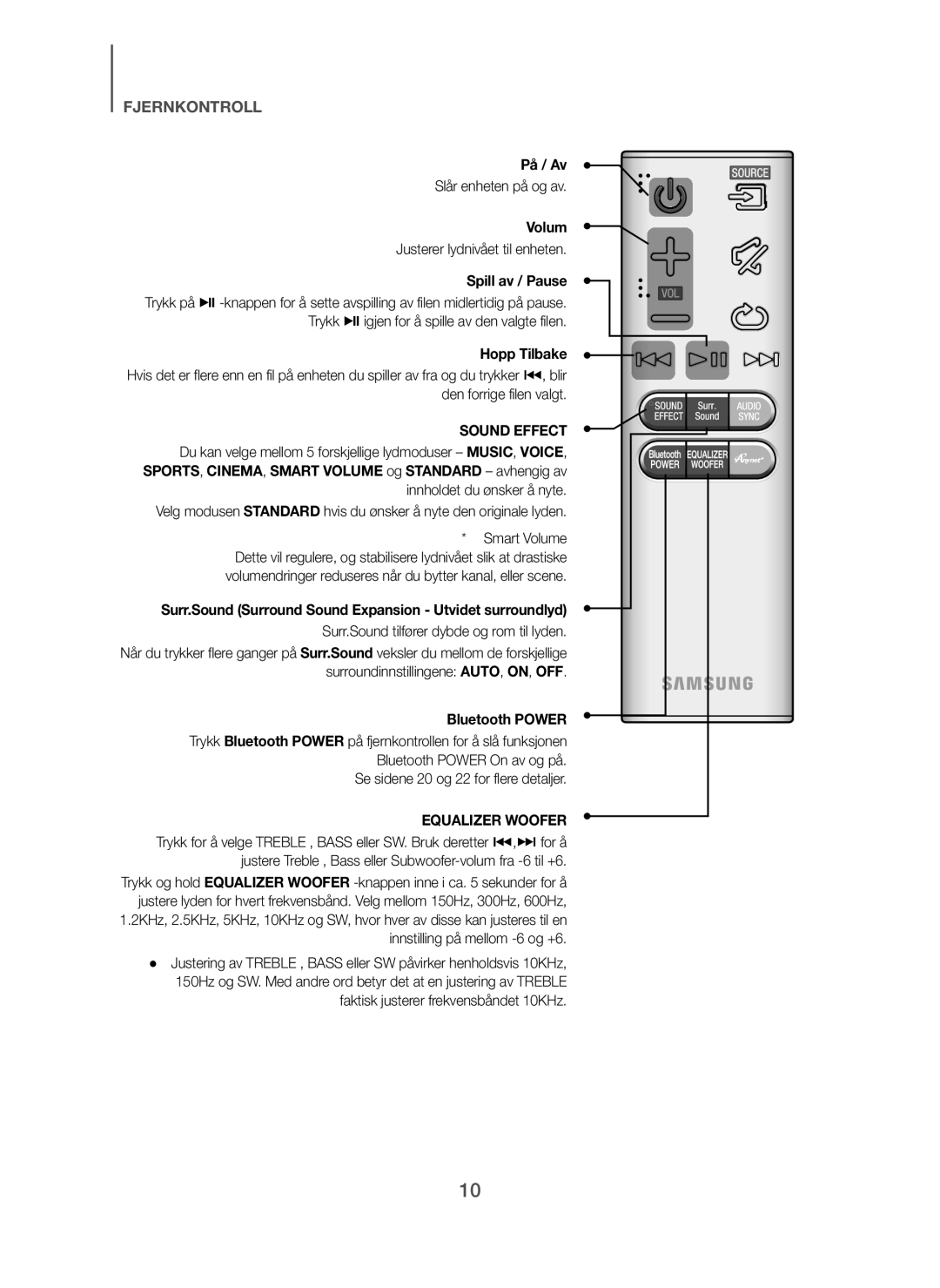 Samsung HW-H7501/EN, HW-H7500/EN, HW-H7500/TK, HW-H7501/ZF, HW-H7500/ZF manual På / Av, Volum, Spill av / Pause, Hopp Tilbake 