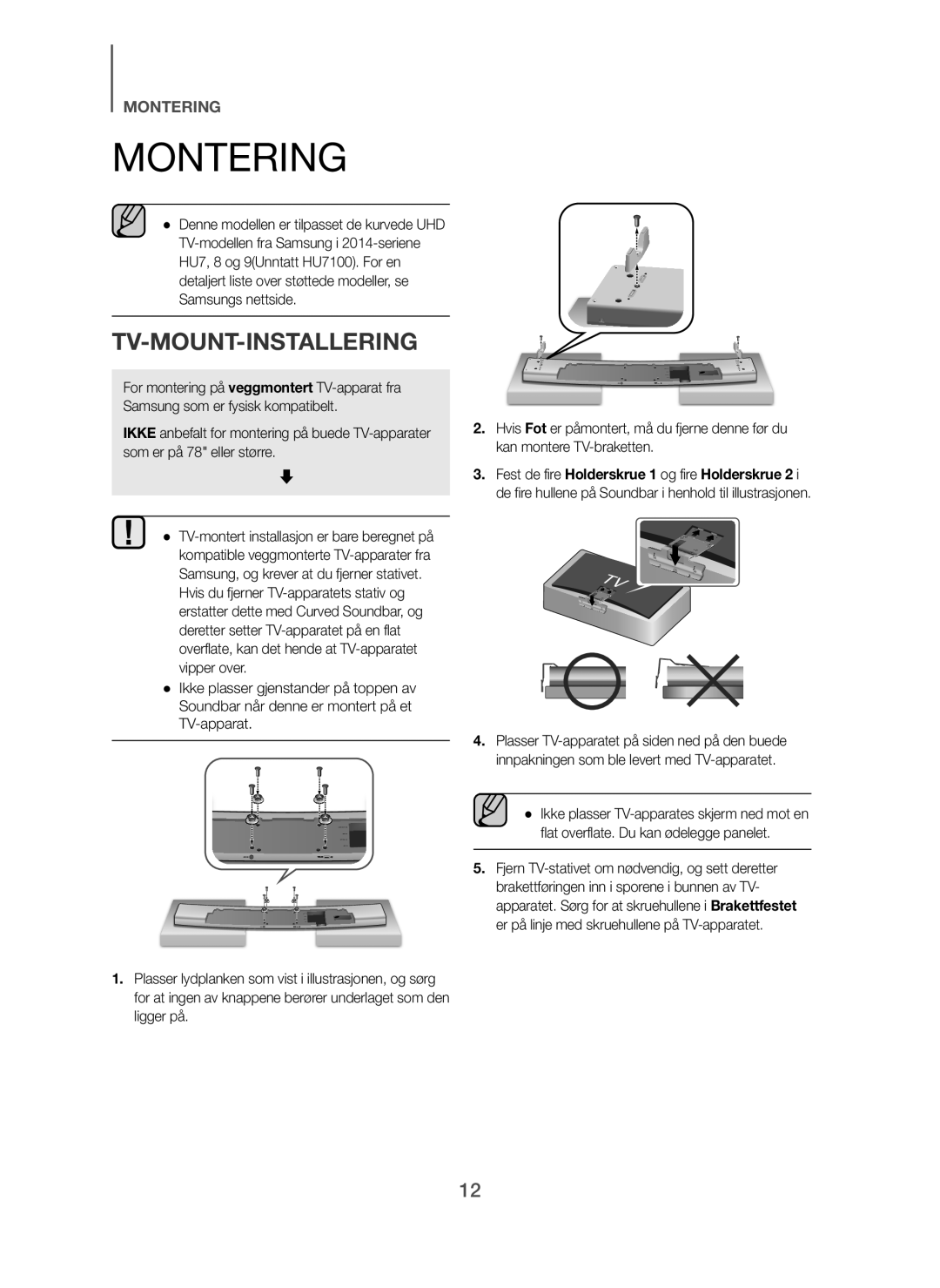 Samsung HW-H7501/ZF, HW-H7500/EN, HW-H7501/EN, HW-H7500/TK, HW-H7500/ZF, HW-H7500/XN manual Montering, Tv-Mount-Installering 