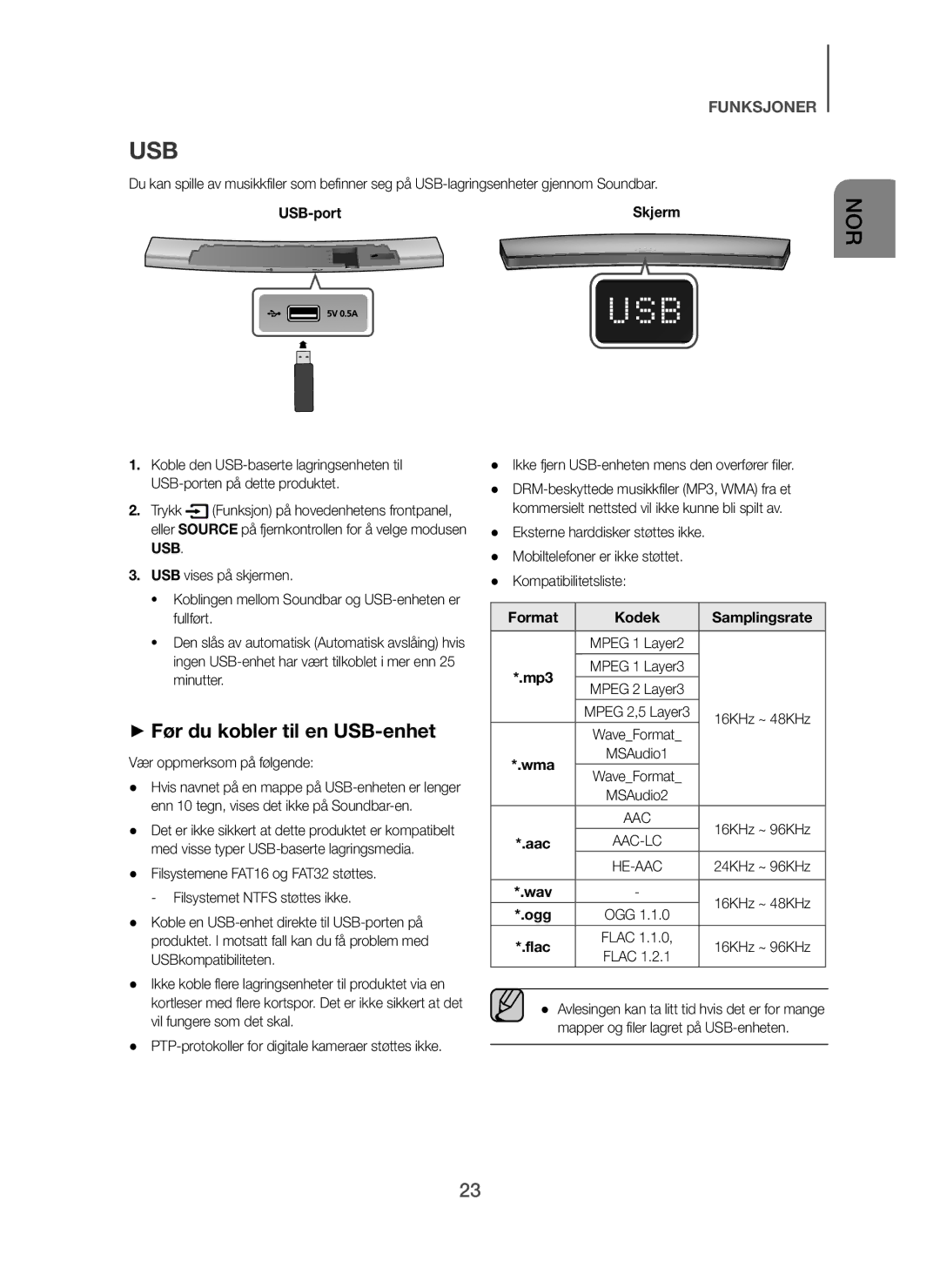 Samsung HW-H7500/XN, HW-H7500/EN + Før du kobler til en USB-enhet, Vær oppmerksom på følgende, Format Kodek Samplingsrate 