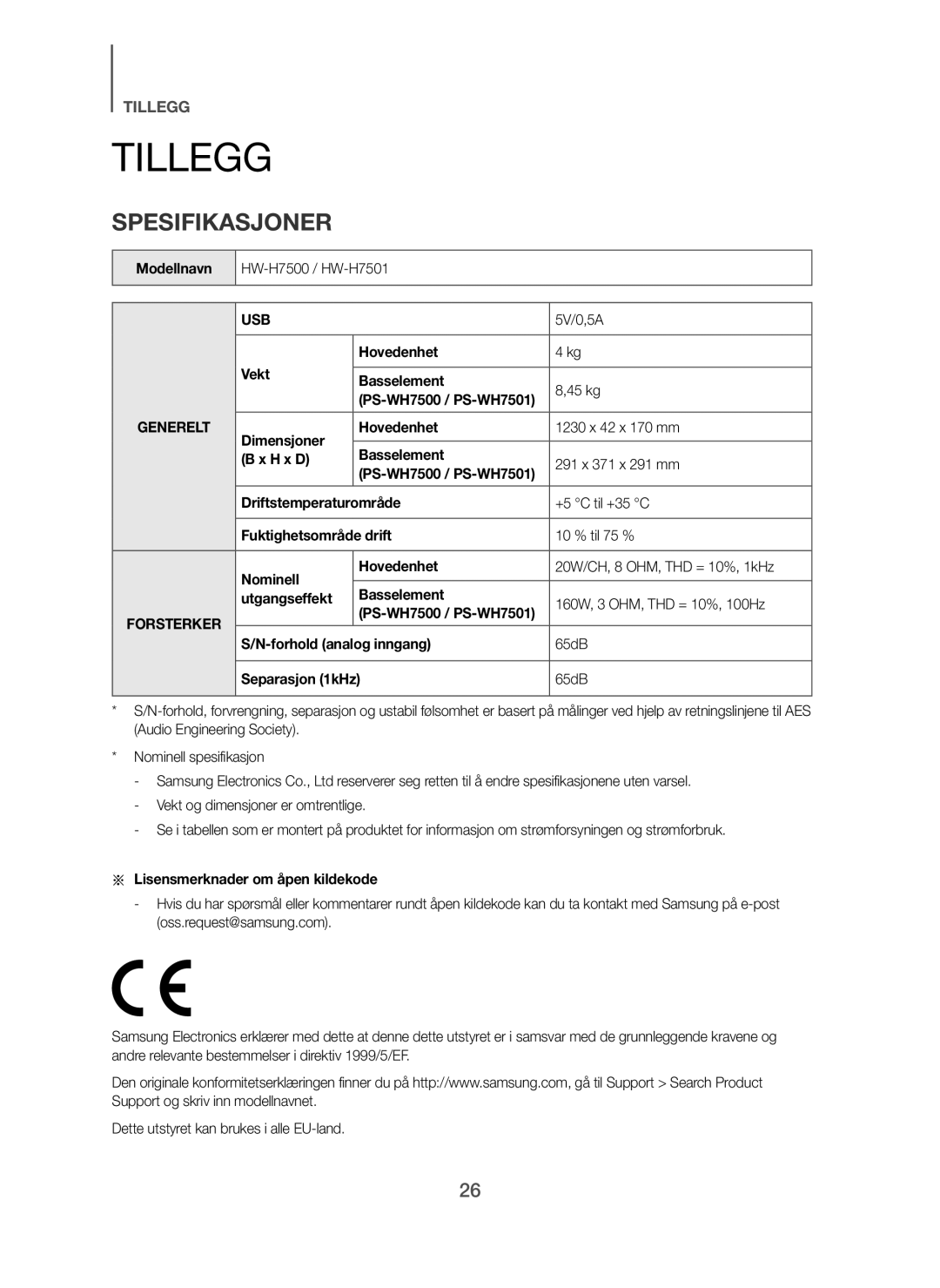 Samsung HW-H7501/XE, HW-H7500/EN, HW-H7501/EN, HW-H7500/TK, HW-H7501/ZF, HW-H7500/ZF, HW-H7500/XN manual Tillegg, Spesifikasjoner 