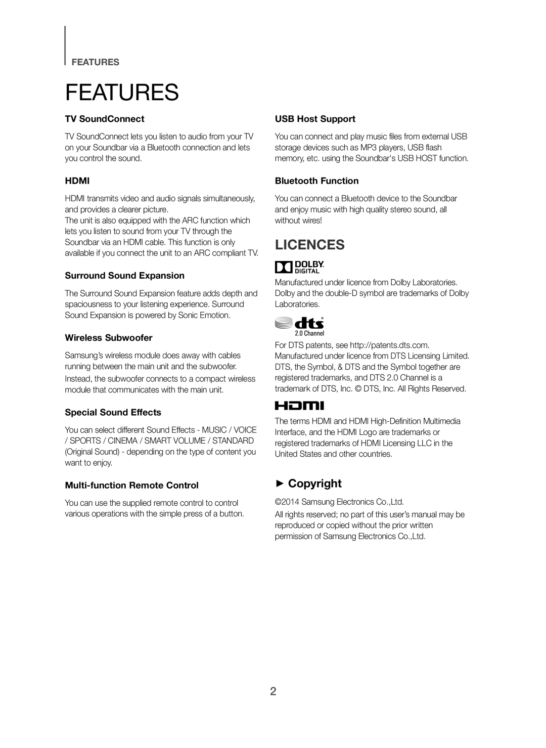 Samsung HW-H7500/TK, HW-H7500/EN, HW-H7501/EN, HW-H7501/ZF, HW-H7500/ZF, HW-H7500/XN manual Features, Licences, + Copyright 