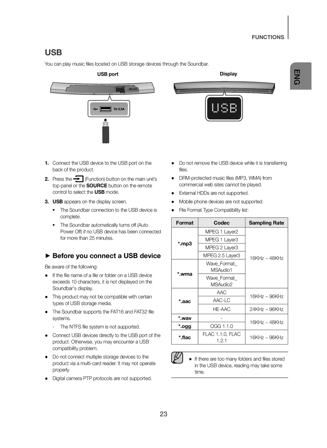 Samsung HW-H7500/XN, HW-H7500/EN manual Usb, + Before you connect a USB device, USB port, Format Codec Sampling Rate, Ogg 