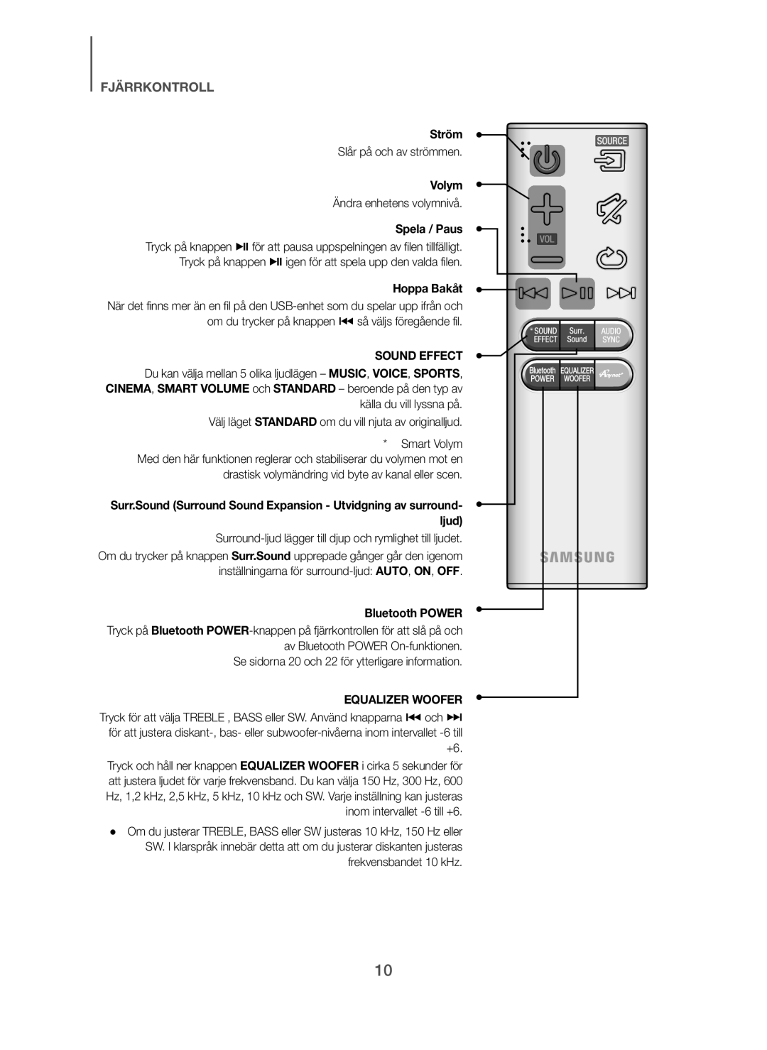 Samsung HW-H7501/EN, HW-H7500/EN, HW-H7500/TK, HW-H7501/ZF, HW-H7500/ZF, HW-H7500/XN Ström, Volym, Spela / Paus, Hoppa Bakåt 