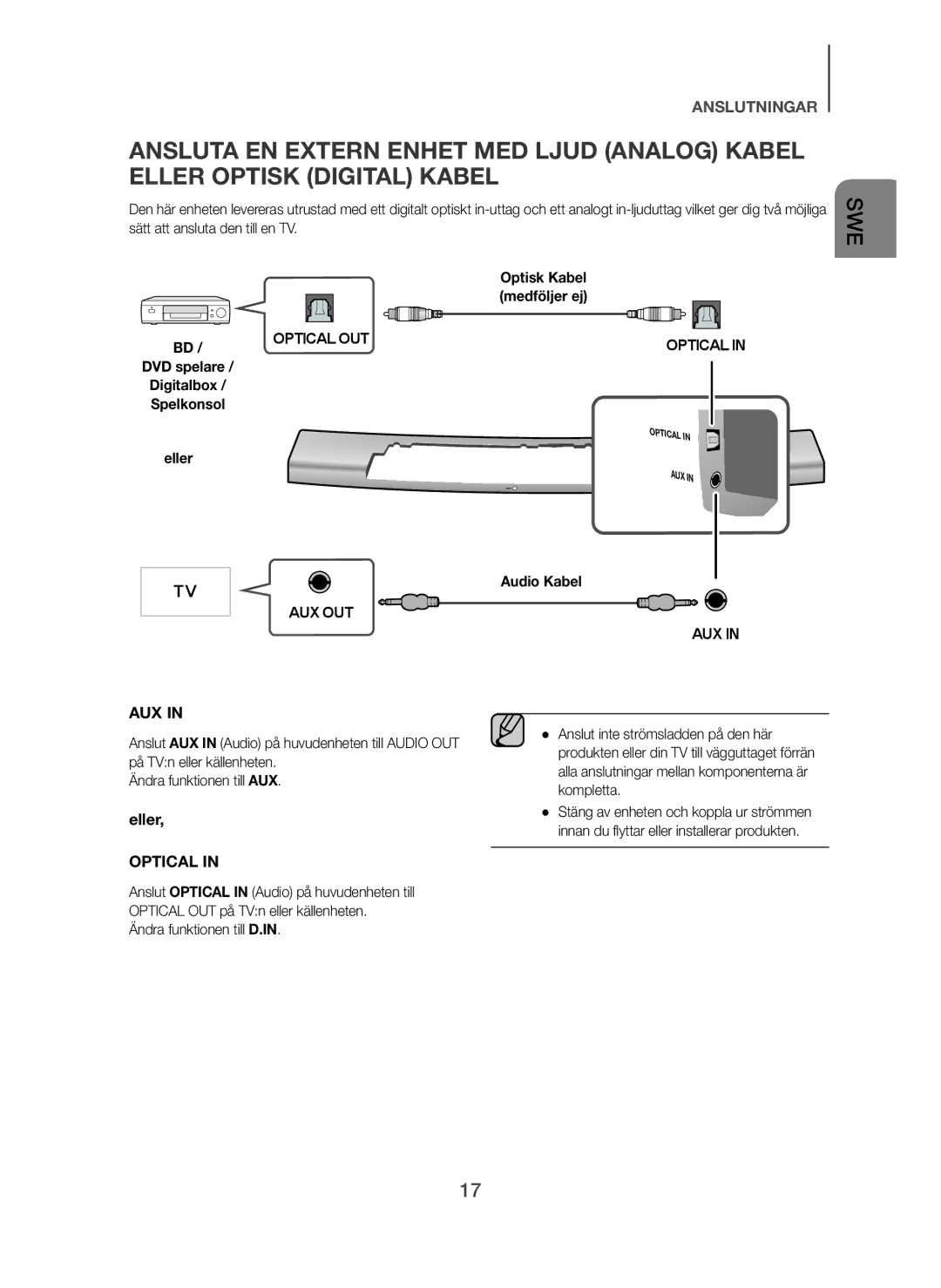 Samsung HW-H7501/XE, HW-H7500/EN, HW-H7501/EN Optisk Kabel, Medföljer ej, Eller, Audio Kabel, Ändra funktionen till D.IN 