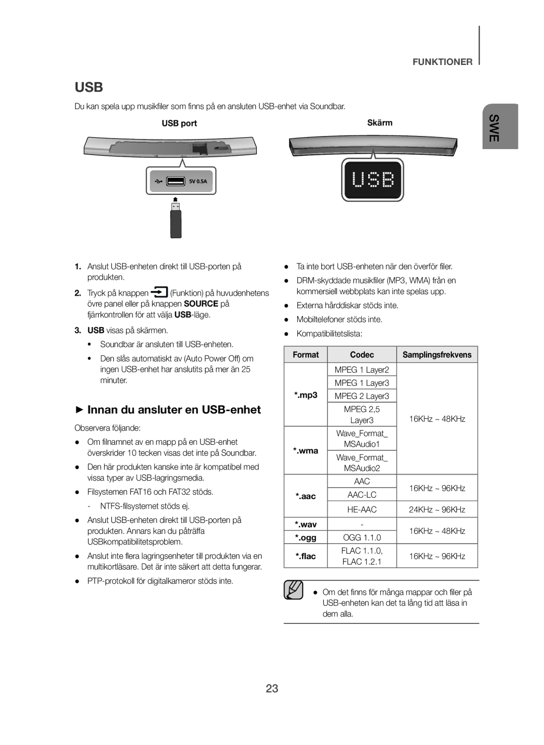 Samsung HW-H7500/XN + Innan du ansluter en USB-enhet, Anslut USB-enheten direkt till USB-porten på produkten, Format Codec 