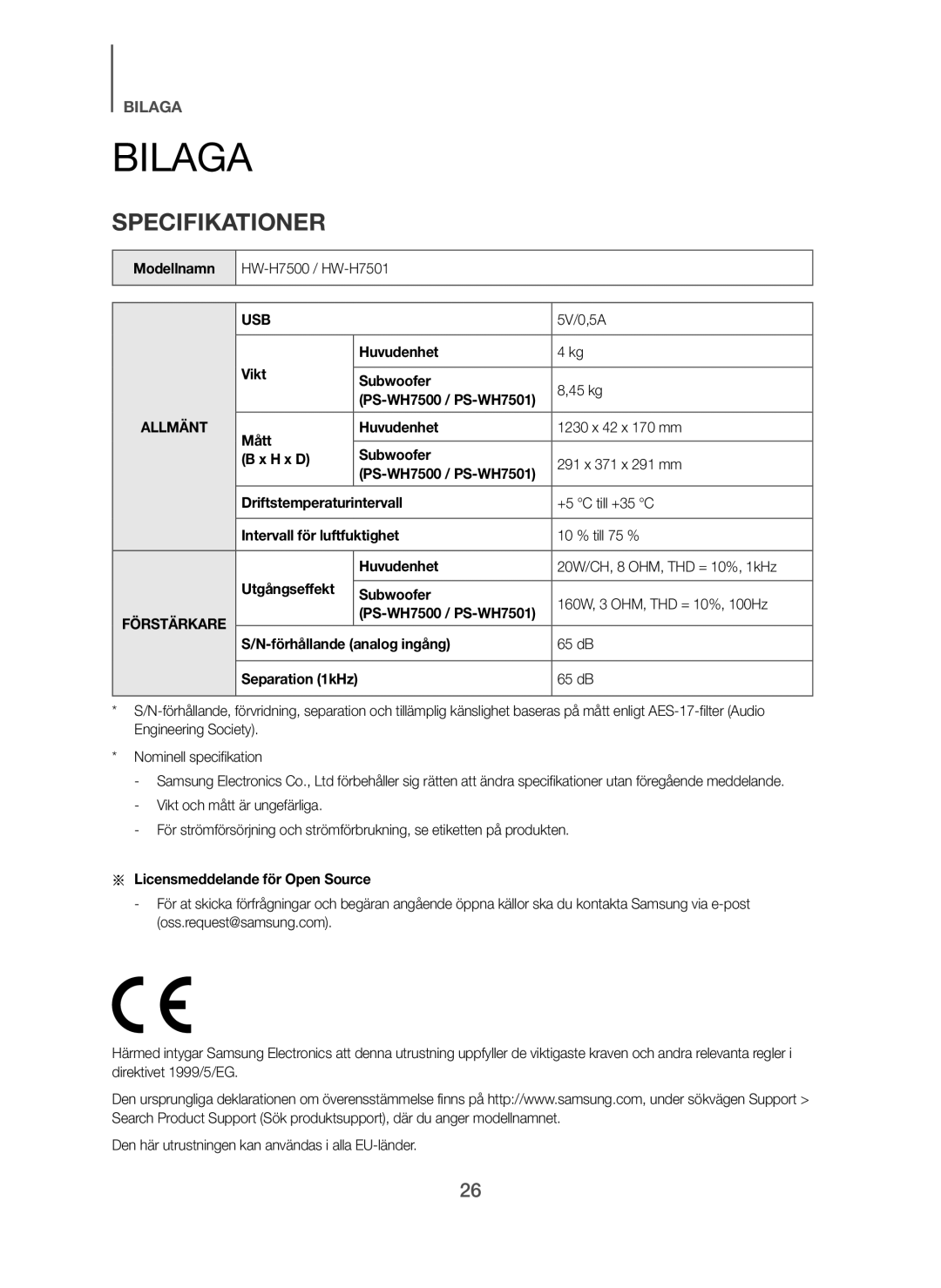 Samsung HW-H7501/XE, HW-H7500/EN, HW-H7501/EN, HW-H7500/TK, HW-H7501/ZF, HW-H7500/ZF, HW-H7500/XN manual Bilaga, Specifikationer 