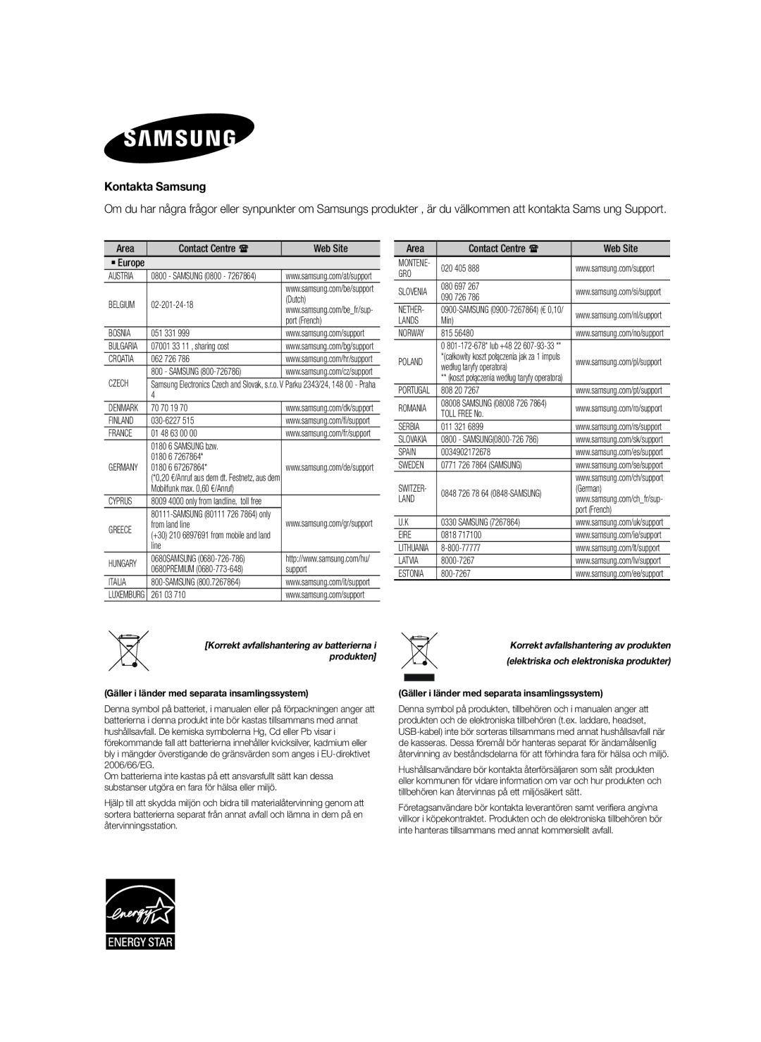 Samsung HW-H7500/EN, HW-H7501/EN, HW-H7500/TK, HW-H7501/ZF, HW-H7500/ZF, HW-H7500/XN, HW-H7501/XN Kontakta Samsung, Produkten 