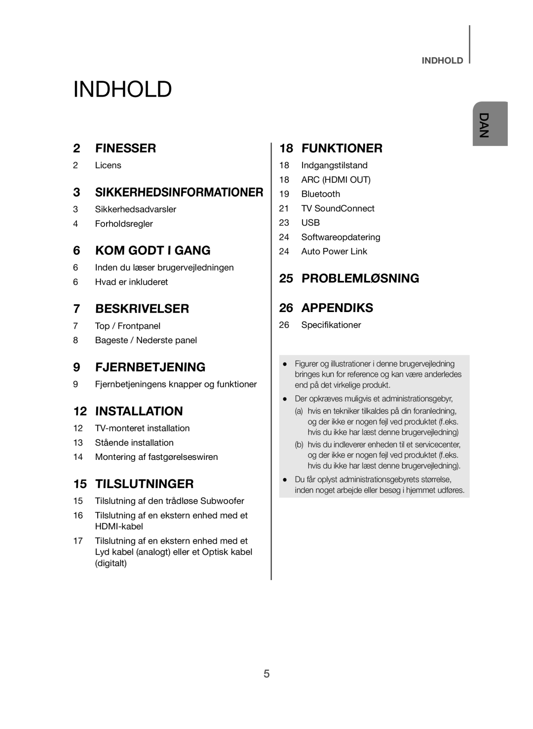 Samsung HW-H7500/XN, HW-H7500/EN, HW-H7501/EN, HW-H7500/TK manual Indhold, Der opkræves muligvis et administrationsgebyr 