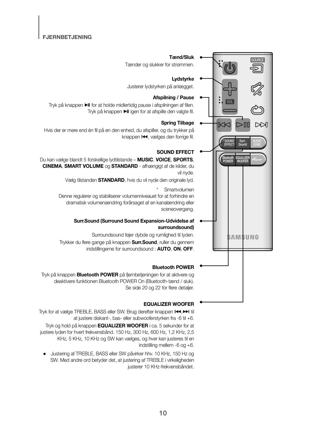 Samsung HW-H7501/EN, HW-H7500/EN, HW-H7500/TK, HW-H7501/ZF manual Tænd/Sluk, Lydstyrke, Afspilning / Pause, Spring Tilbage 