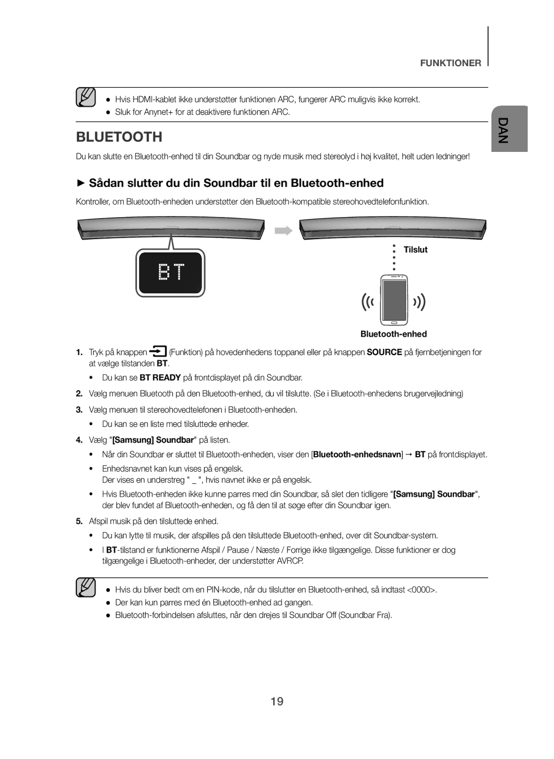 Samsung HW-H7501/EN, HW-H7500/EN manual + Sådan slutter du din Soundbar til en Bluetooth-enhed, Tilslut Bluetooth-enhed 