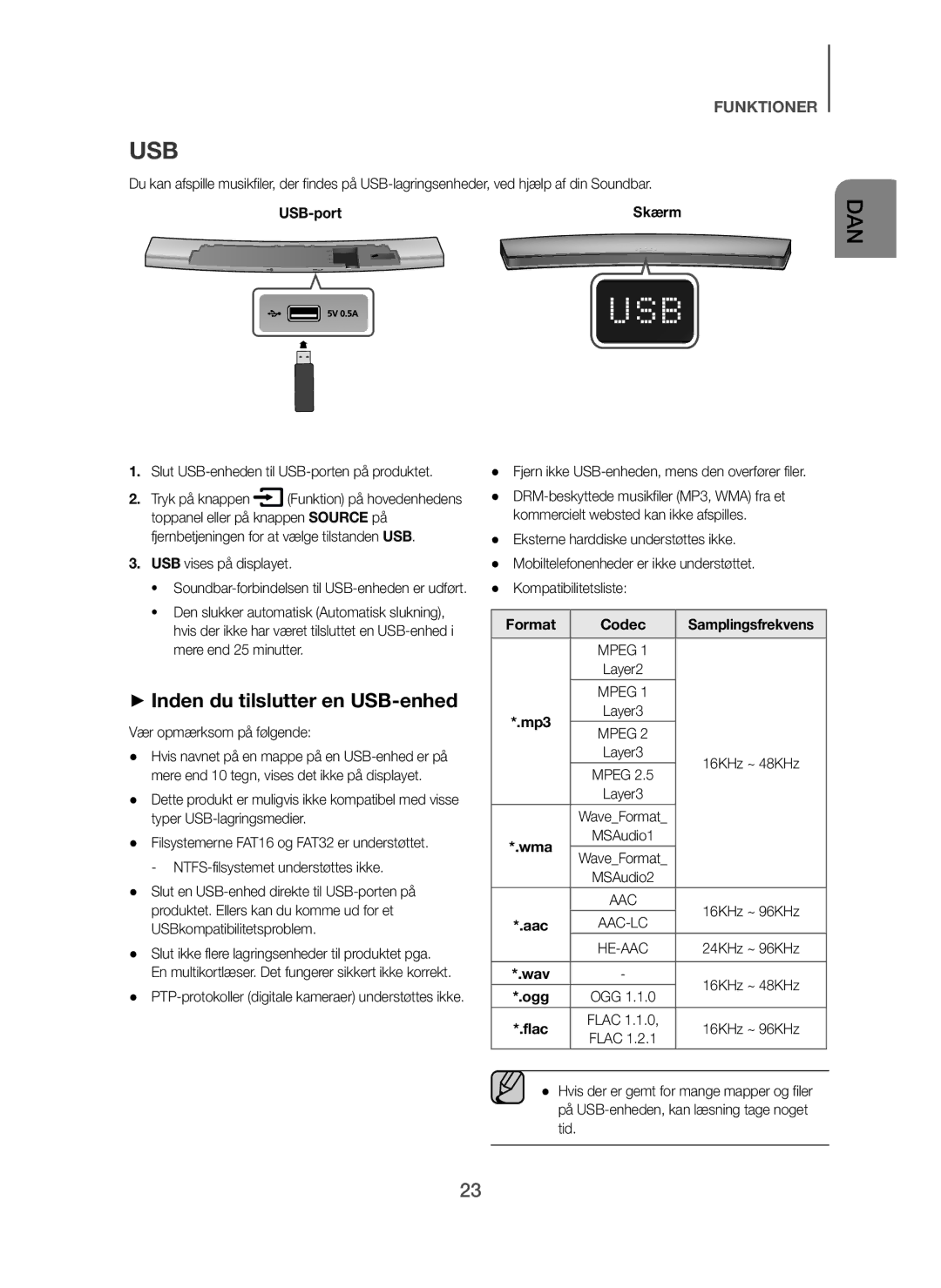 Samsung HW-H7500/XN, HW-H7500/EN, HW-H7501/EN, HW-H7500/TK, HW-H7501/ZF + Inden du tilslutter en USB-enhed, USB-port, Mp3 