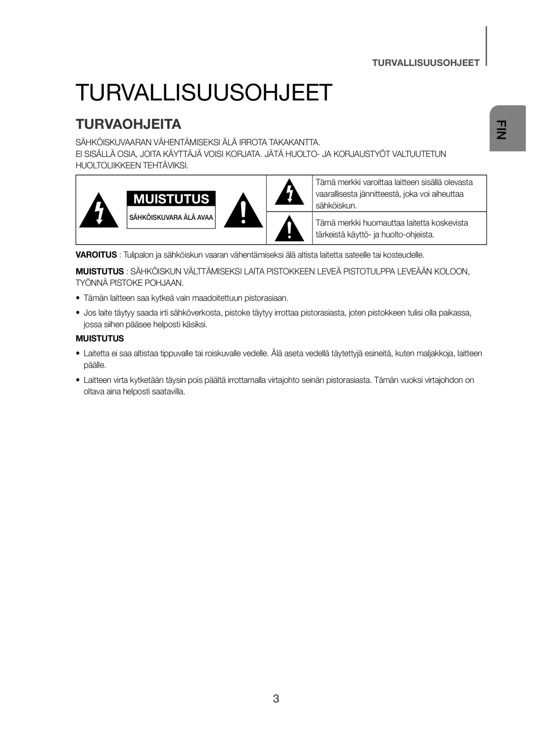 Samsung HW-H7501/ZF, HW-H7500/EN manual Turvallisuusohjeet, Turvaohjeita, Sähköiskun, Tärkeistä käyttö- ja huolto-ohjeista 