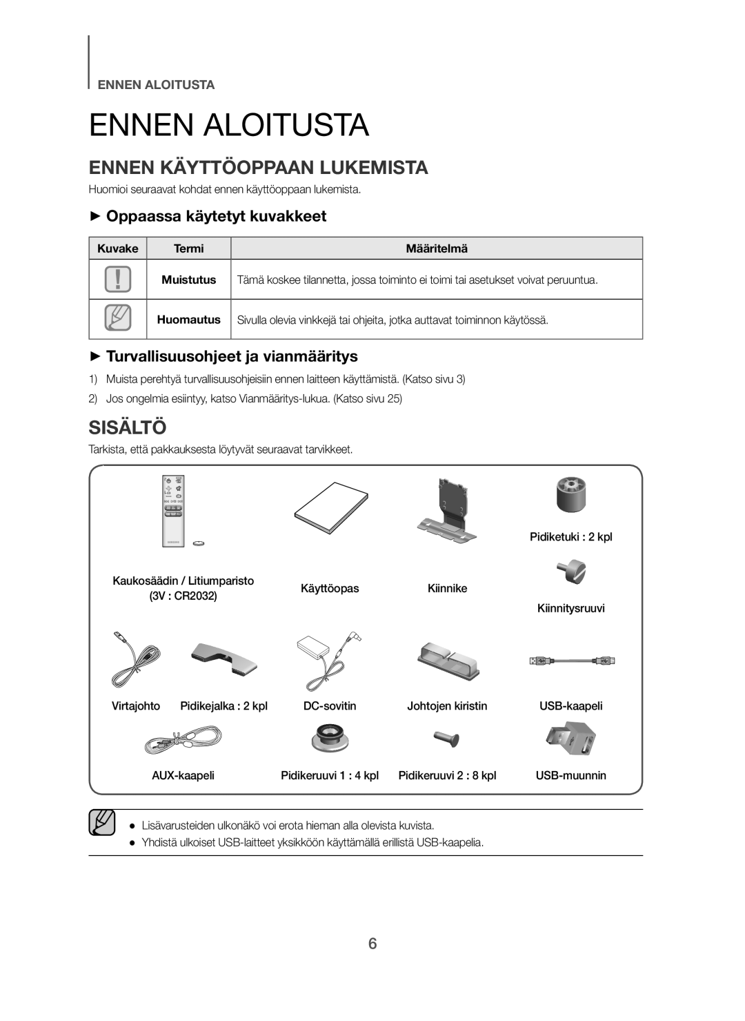 Samsung HW-H7501/XN, HW-H7500/EN Ennen Aloitusta, Ennen Käyttöoppaan Lukemista, Sisältö, + Oppaassa käytetyt kuvakkeet 