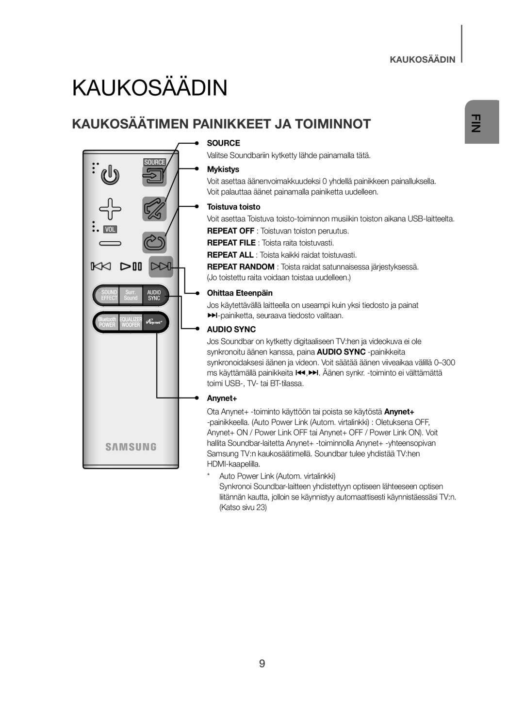 Samsung HW-H7500/EN manual Kaukosäädin, Kaukosäätimen Painikkeet JA Toiminnot, Mykistys, Toistuva toisto, Ohittaa Eteenpäin 