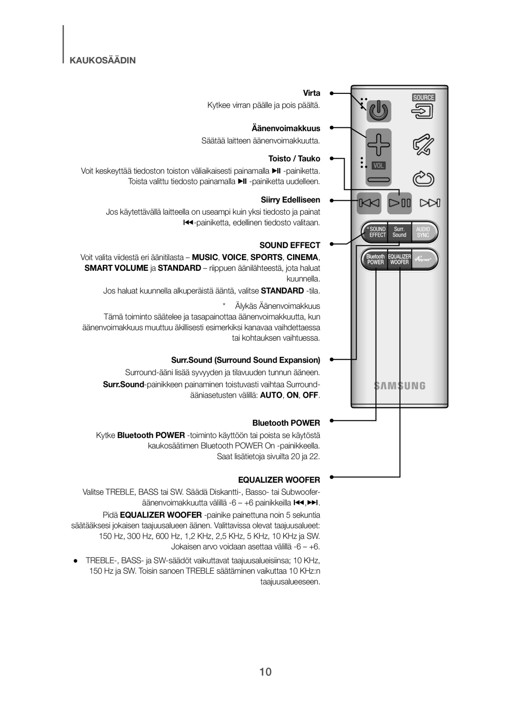 Samsung HW-H7501/EN, HW-H7500/EN, HW-H7500/TK, HW-H7501/ZF manual Virta, Äänenvoimakkuus, Toisto / Tauko, Siirry Edelliseen 