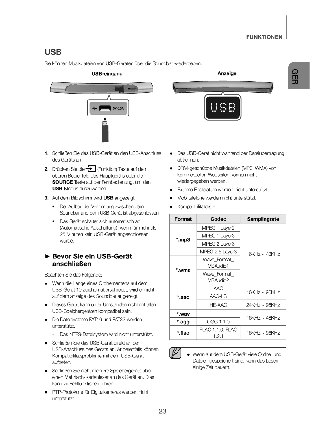 Samsung HW-H7500/XN, HW-H7500/EN + Bevor Sie ein USB-Gerät anschließen, USB-eingang, Auf dem Bildschirm wird USB angezeigt 