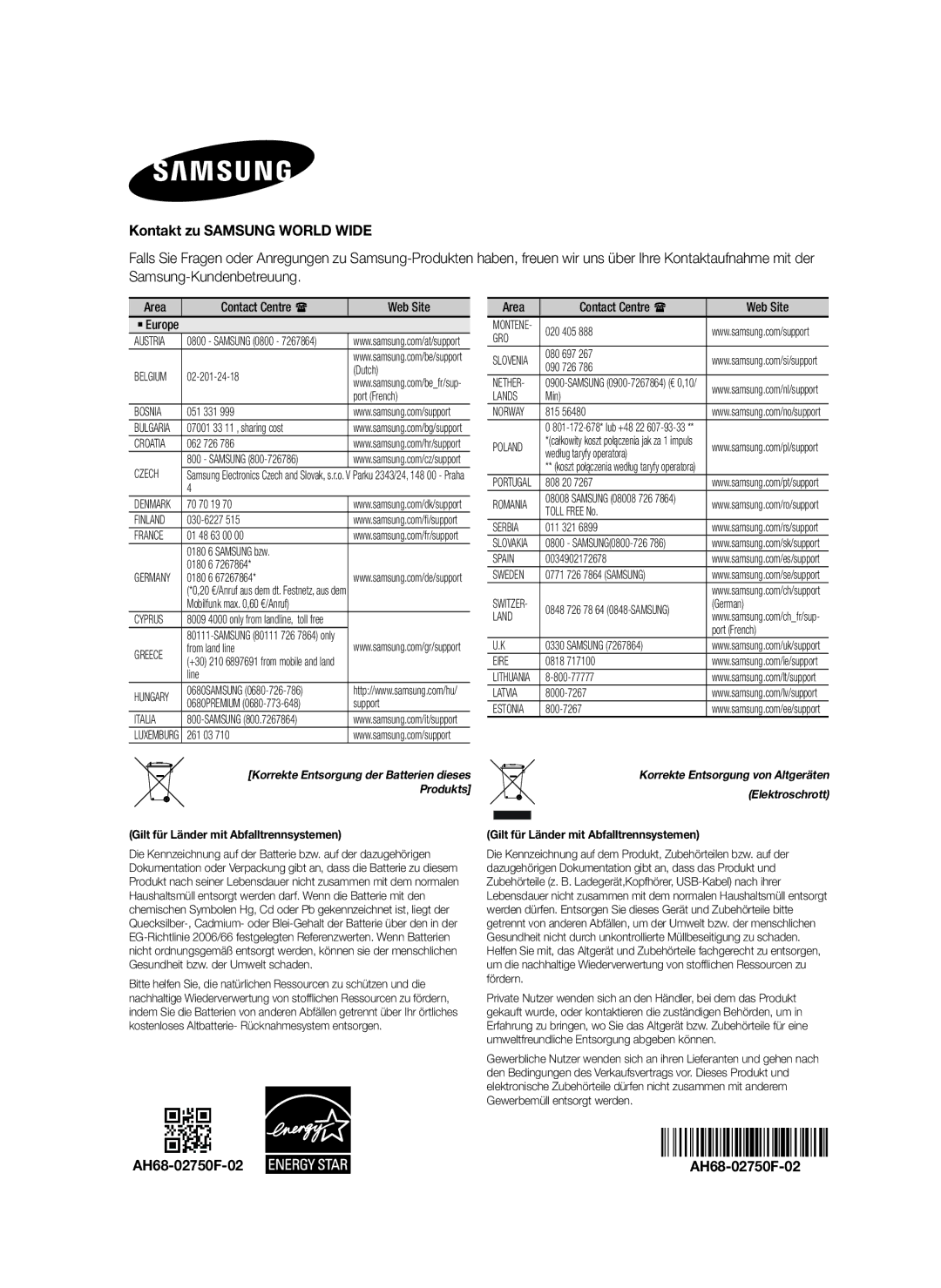 Samsung HW-H7500/EN, HW-H7501/EN, HW-H7500/TK manual Kontakt zu Samsung World Wide, Samsung-Kundenbetreuung, AH68-02750F-02 