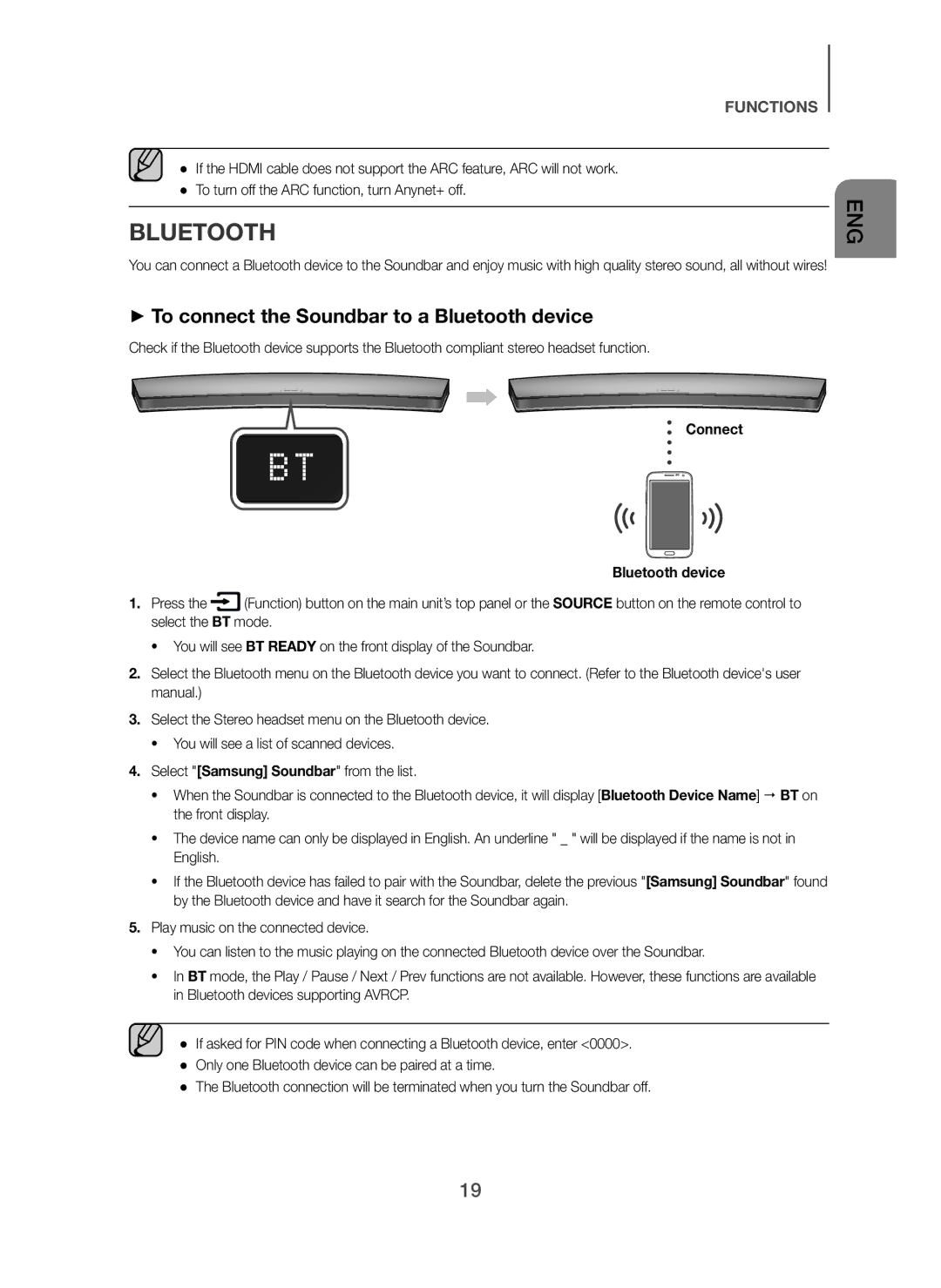 Samsung HW-H7501/EN, HW-H7500/EN, HW-H7500/TK, HW-H7501/ZF manual + To connect the Soundbar to a Bluetooth device, Connect 