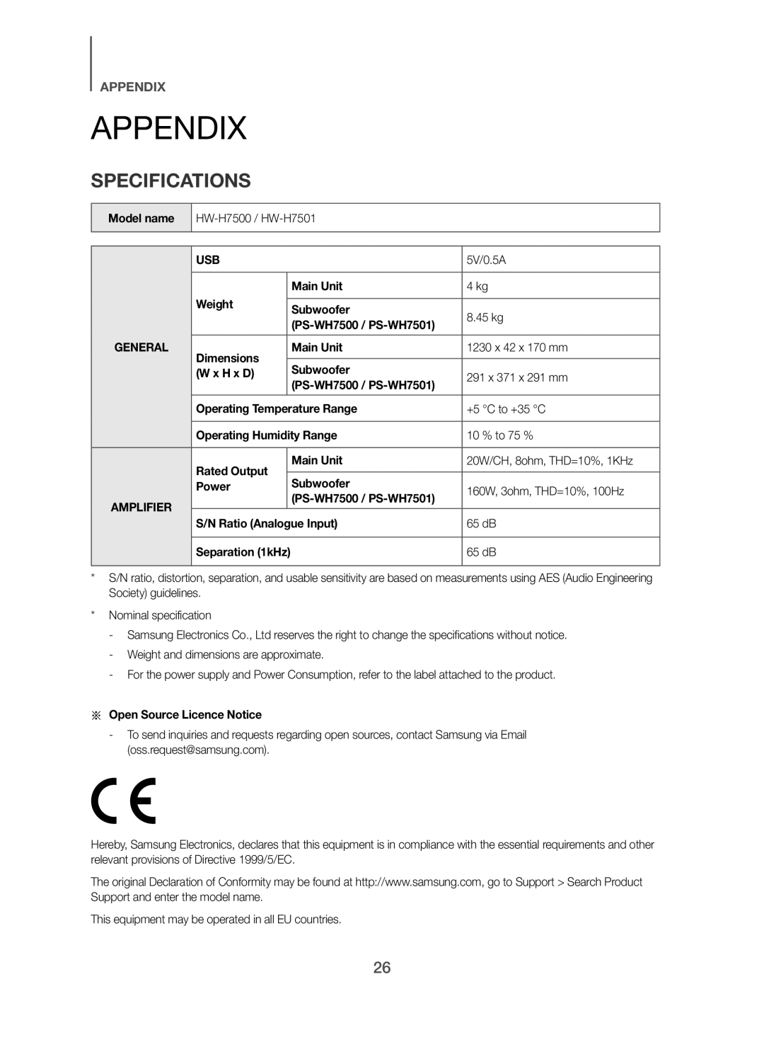 Samsung HW-H7501/XE, HW-H7500/EN, HW-H7501/EN, HW-H7500/TK, HW-H7501/ZF, HW-H7500/ZF, HW-H7500/XN manual Appendix, Specifications 