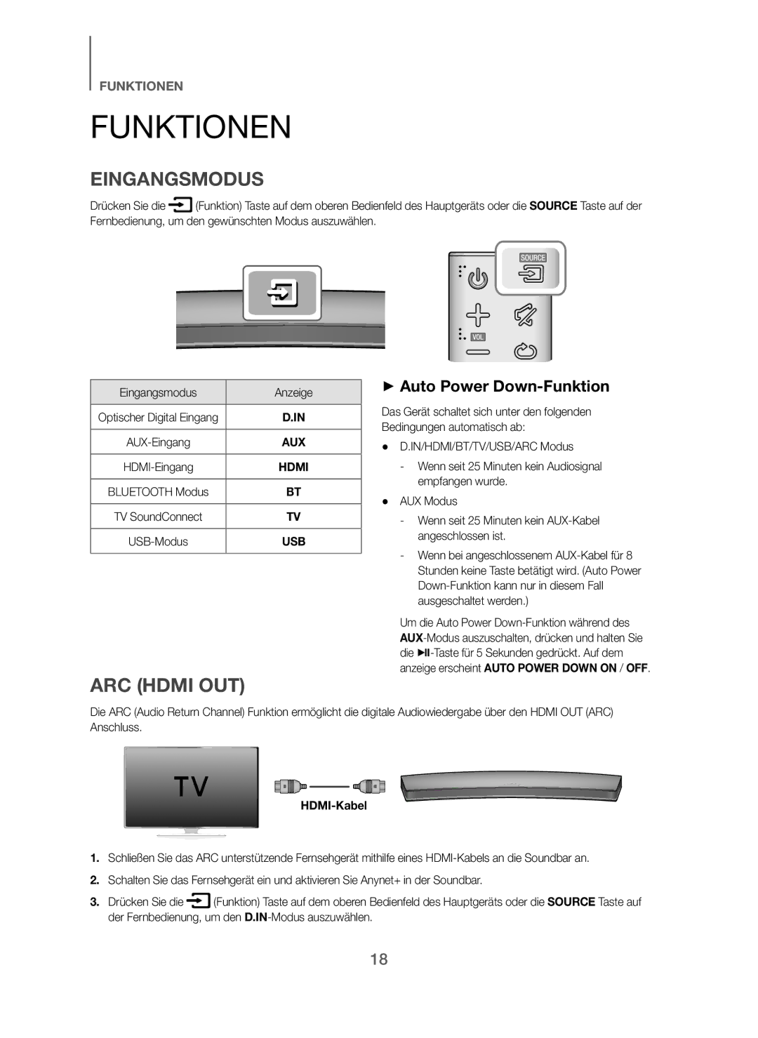 Samsung HW-H7500/EN, HW-H7501/EN, HW-H7500/TK, HW-H7501/ZF Funktionen, + Auto Power Down-Funktion, Eingangsmodus Anzeige 