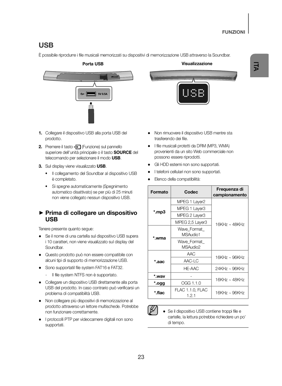 Samsung HW-H7500/XN, HW-H7500/EN, HW-H7501/EN + Prima di collegare un dispositivo, Porta USB, Formato Codec Frequenza di 