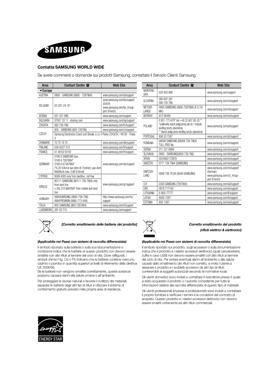 Samsung HW-H7500/EN, HW-H7501/EN, HW-H7500/TK, HW-H7501/ZF manual Contatta Samsung World Wide, Rifiuti elettrici & elettronici 