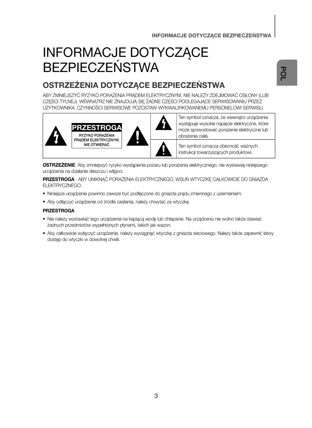 Samsung HW-H7501/ZF, HW-H7500/EN Informacje Dotyczące Bezpieczeństwa, Ostrzeżenia Dotyczące Bezpieczeństwa, Przestroga 