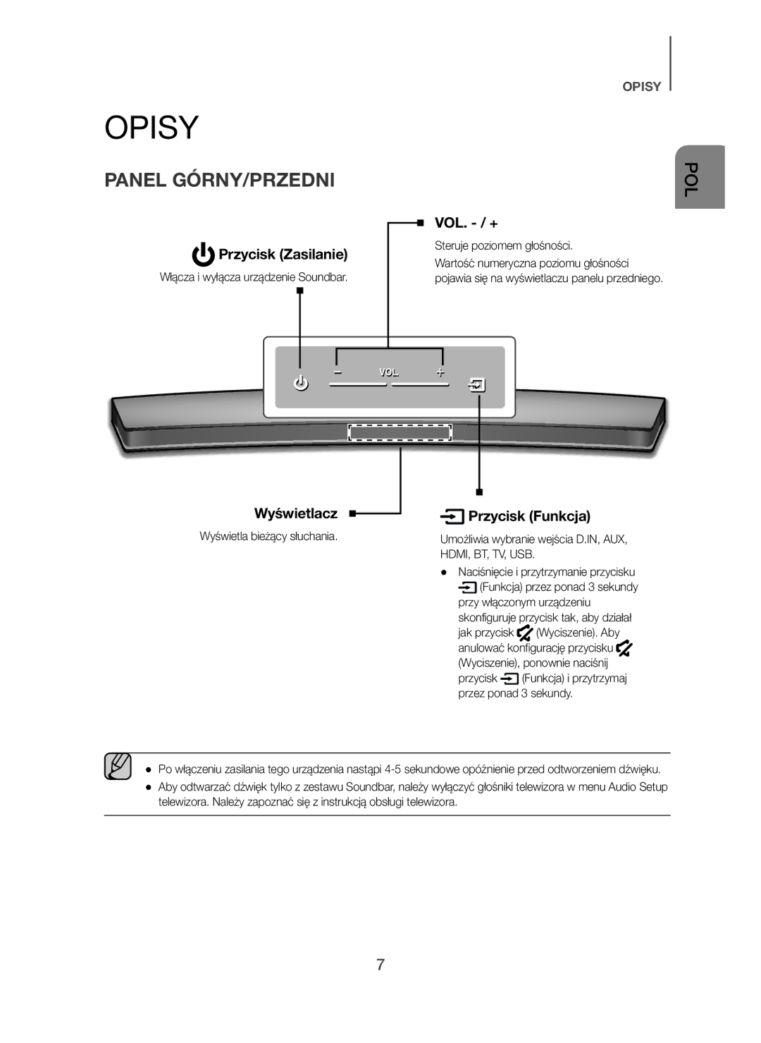 Samsung HW-H7500/XE, HW-H7500/EN, HW-H7501/EN Opisy, Panel GÓRNY/PRZEDNI, Przycisk Zasilanie, Wyświetlacz Przycisk Funkcja 