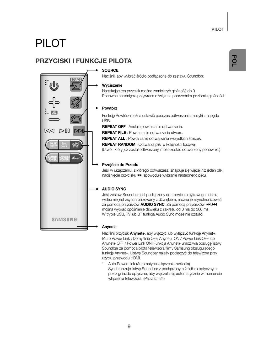 Samsung HW-H7500/EN, HW-H7501/EN, HW-H7500/TK manual Przyciski I Funkcje Pilota, Wyciszenie, Powtórz, Przejście do Przodu 