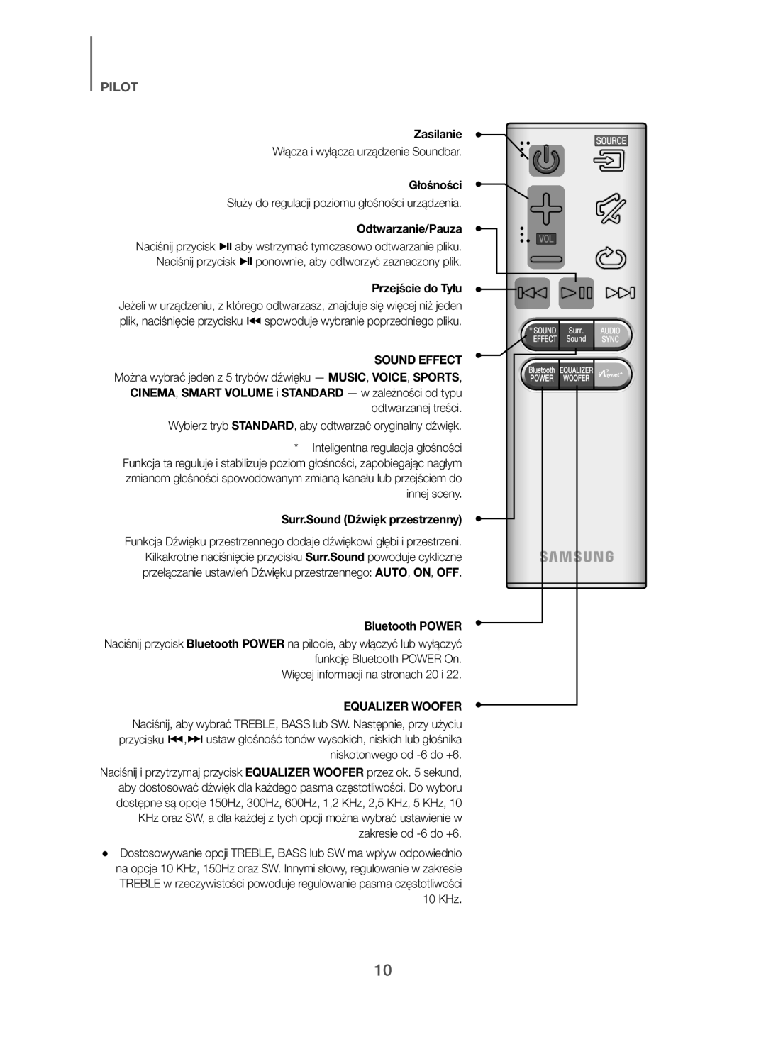 Samsung HW-H7501/EN manual Zasilanie, Głośności, Odtwarzanie/Pauza, Przejście do Tyłu, Surr.Sound Dźwięk przestrzenny 