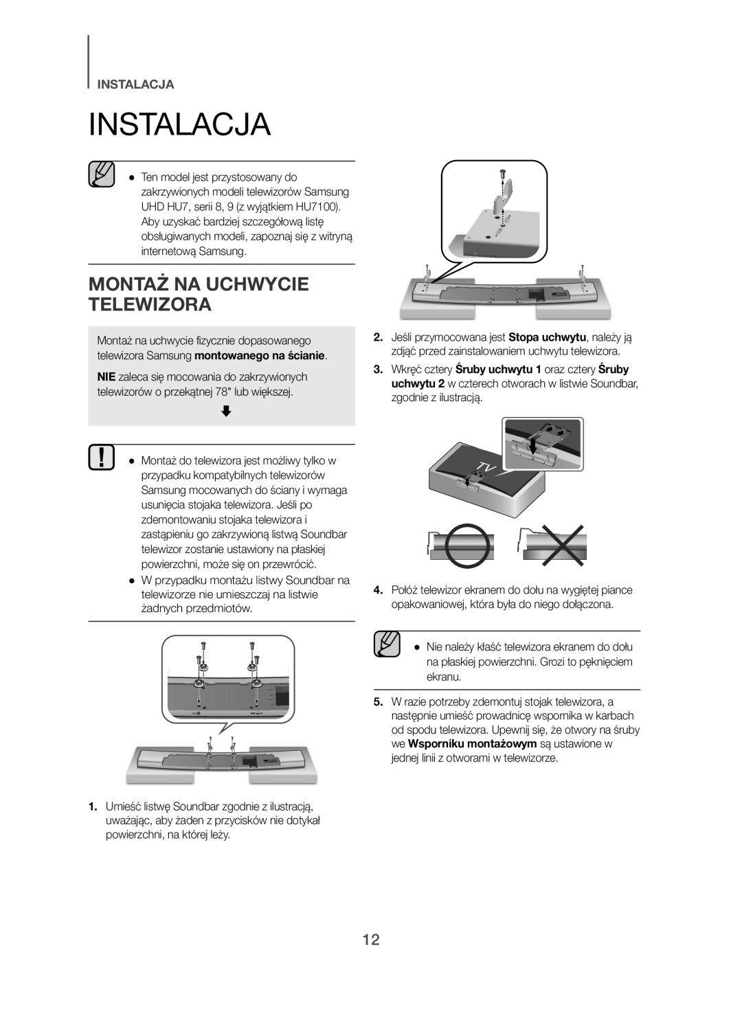 Samsung HW-H7501/ZF, HW-H7500/EN, HW-H7501/EN, HW-H7500/TK, HW-H7500/ZF, HW-H7500/XN Instalacja, Montaż NA Uchwycie Telewizora 